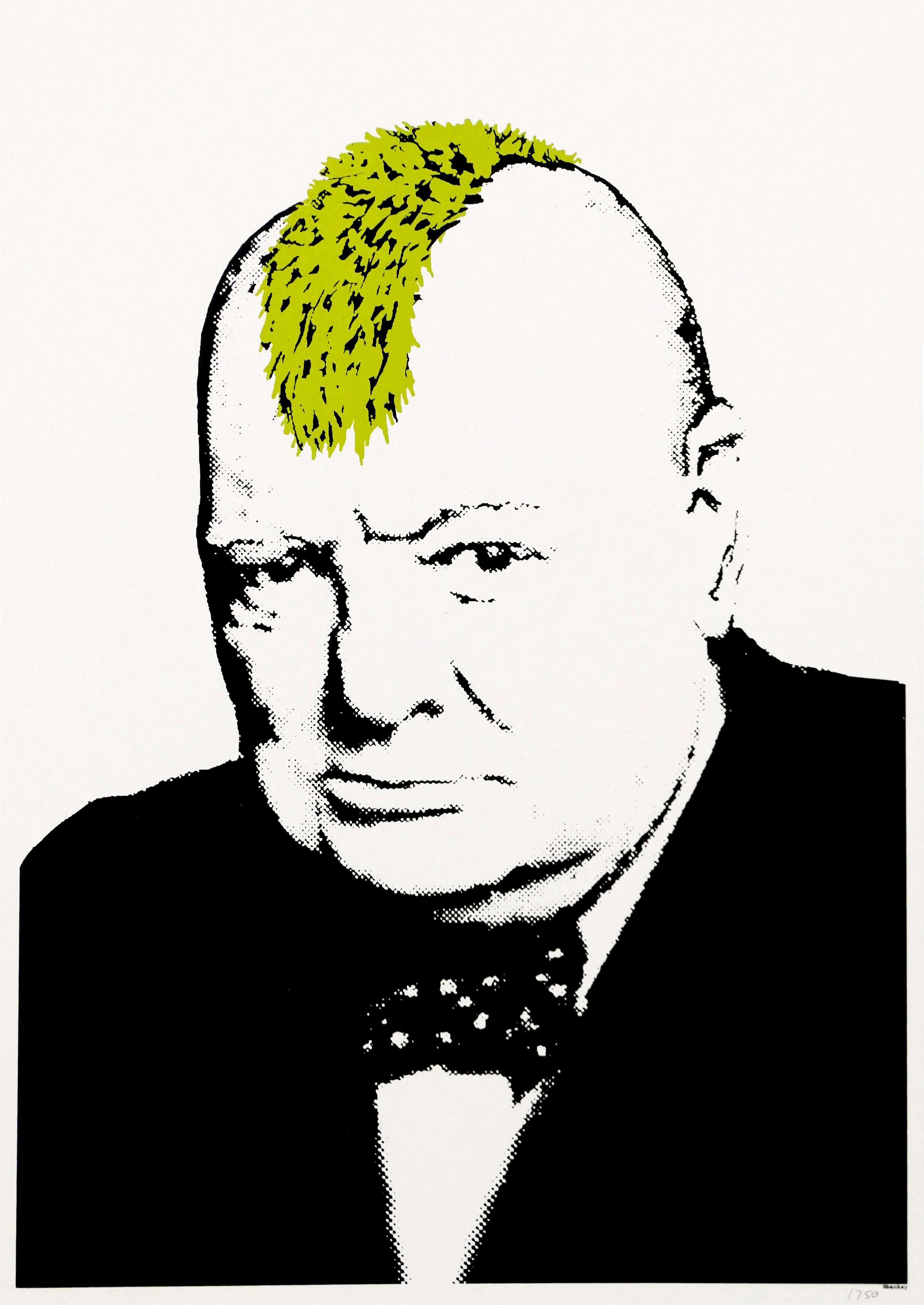 Portrait de Winston Churchill avec une crête iroquoise vert vif dans une estampe pochoir à fort contraste de Banksy.