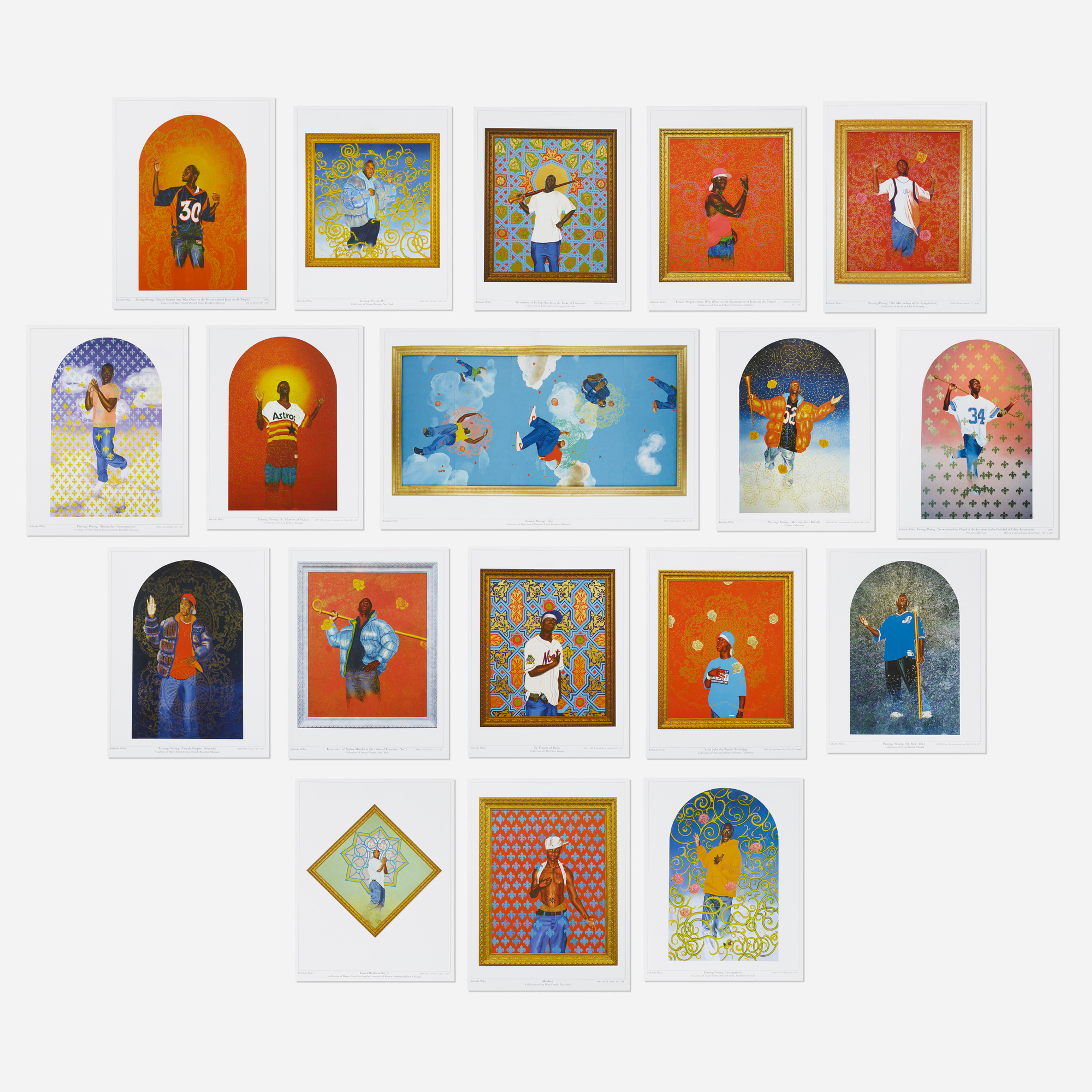 Une collection de 18 estampes de portraits représentant de jeunes personnes noires élégamment vêtues sur des fonds de feuillage éclatant.