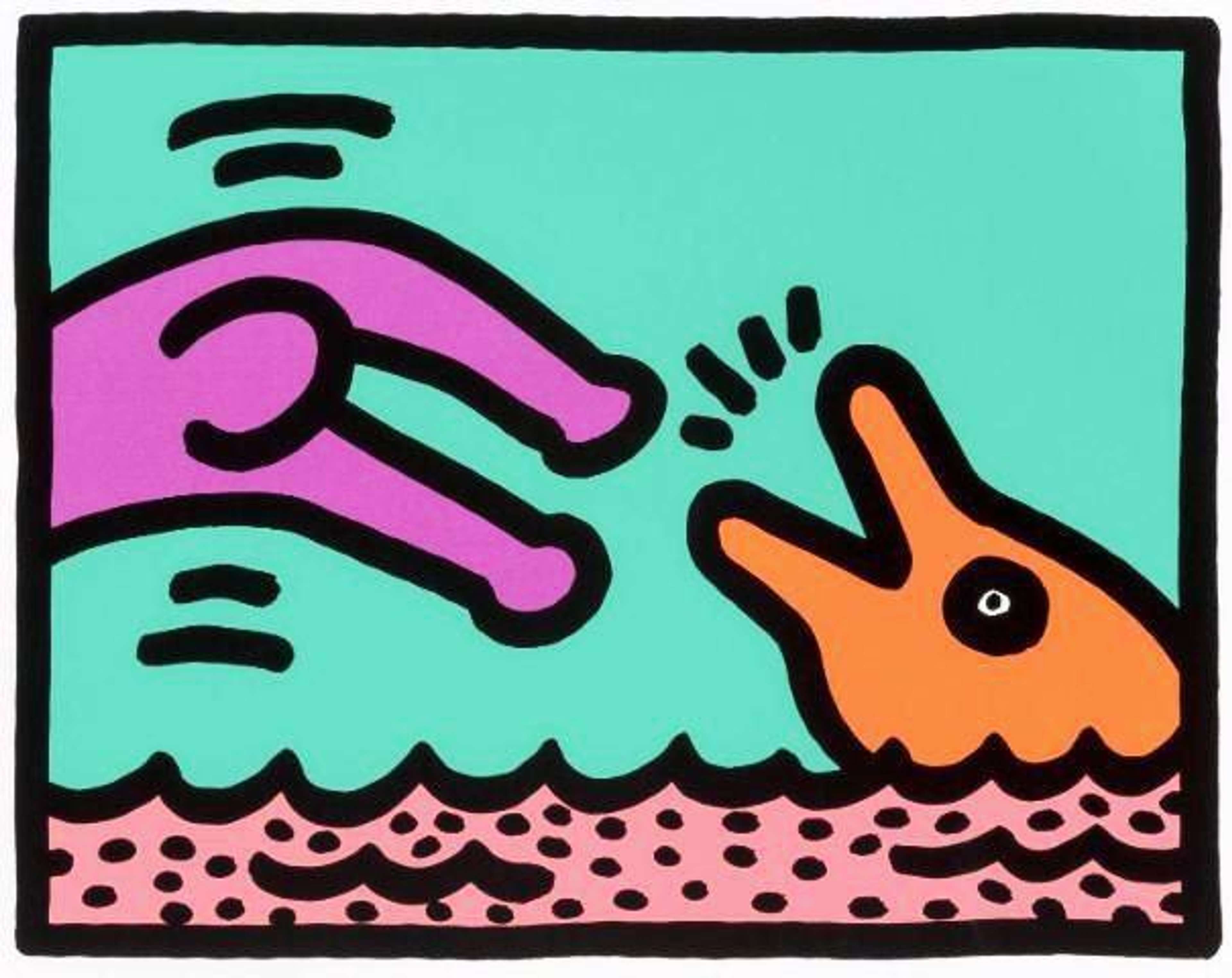 Sérigraphie Pop Art de Keith Haring intitulée « Pop Shop V, Plate I », représentant un personnage animé violet plongeant dans une mer rose à côté d'un dauphin orange.
