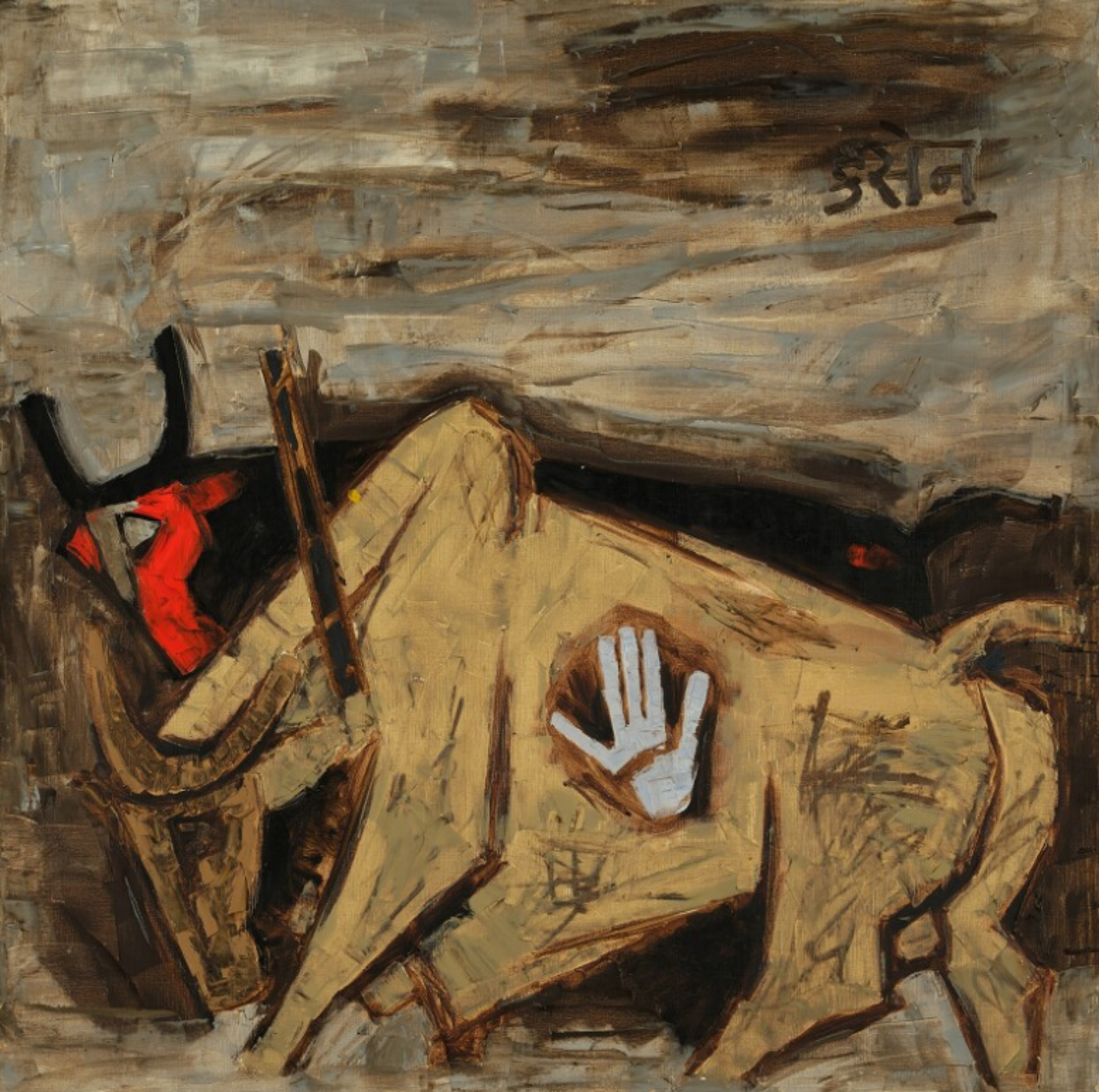 An expressionistic depiction of two bulls - one rendered in earthy browns and beiges, the other in black with red markings on its head. The animal forms are abstracted into simplified shapes, with angular lines. On or in the chest of the brown bull, a white handprint is visible.
