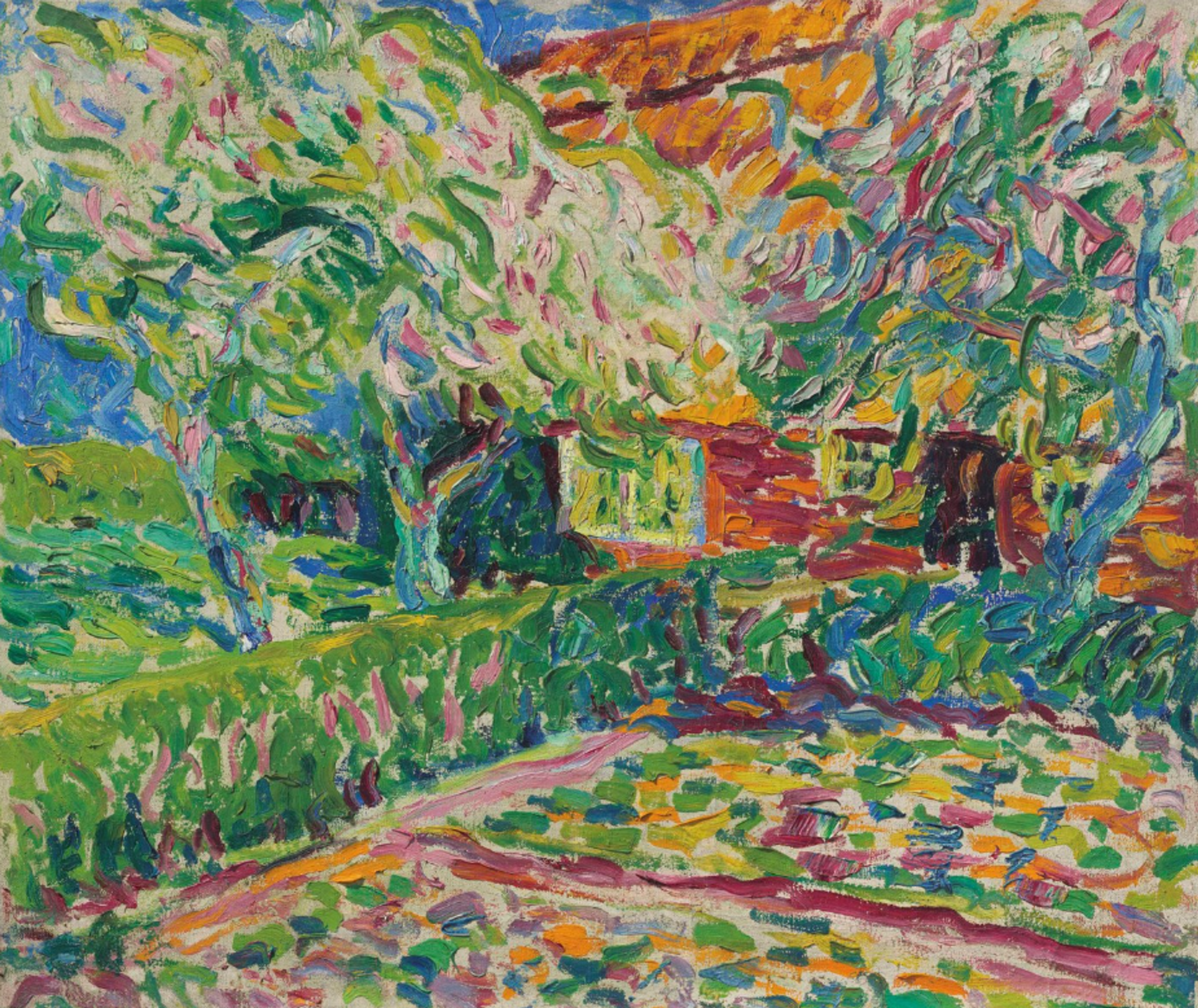 A vibrant painting of a lush garden scene. Blossoming trees with light pink and white flowers stand in the foreground, their foliage textured with short, thick brushstrokes. A hedge runs horizontally, framing a pathway with multicoloured patches. In the background, a red and yellow house is partially obscured by the trees, set against a backdrop of blue sky.
