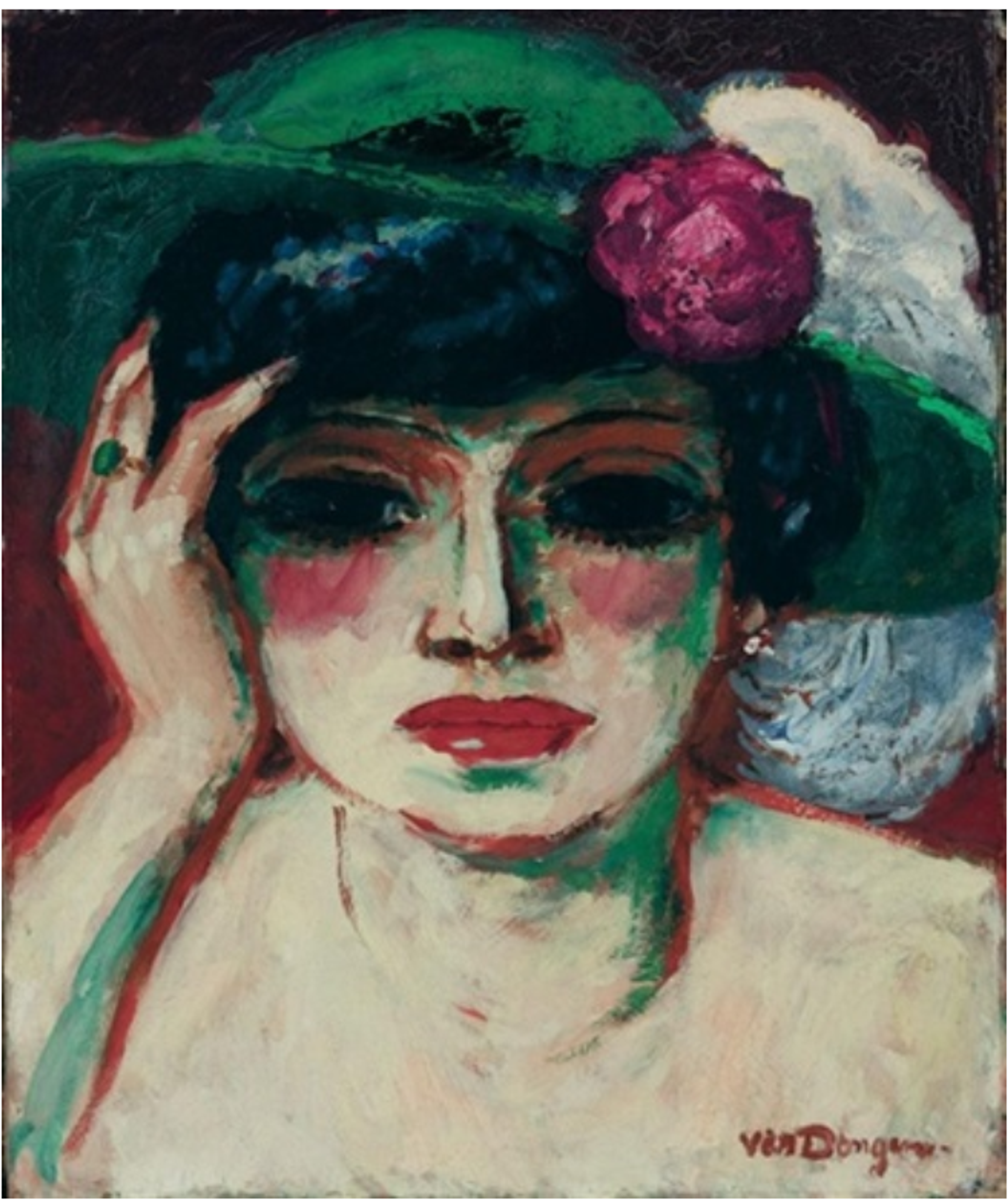 A close-up portrait of a woman outlined in red with dark eyes, red lipstick, and a green hat with a white feather and a red flower. She holds her right hand, with a ring on her ring finger, up to her forehead. Her features are simplified but have lots of texture and depth due to the layering of colour.