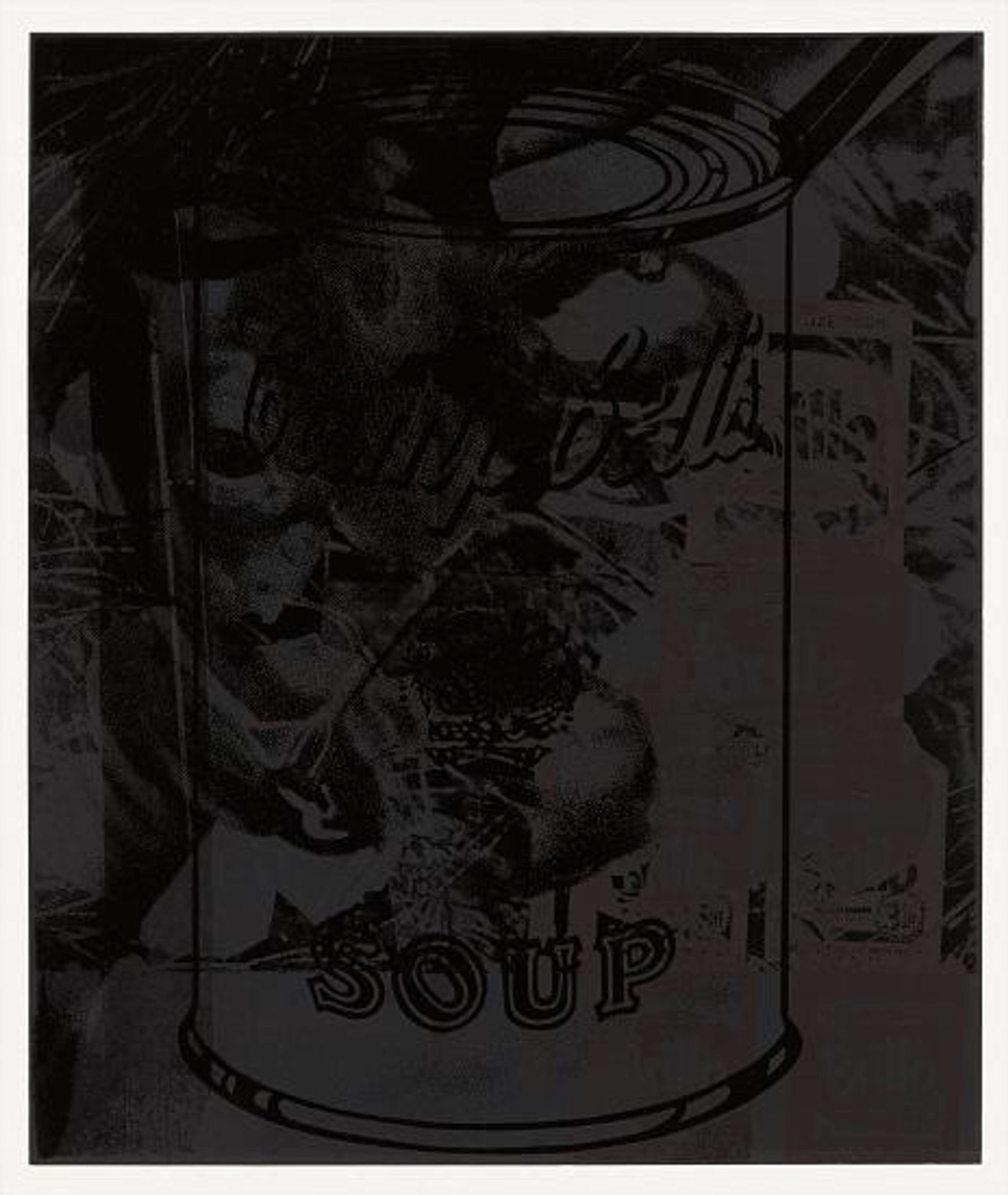 Une sérigraphie d'Andy Warhol en encre noire représentant le contour d'une de ses boîtes de soupe Campbell's iconiques.