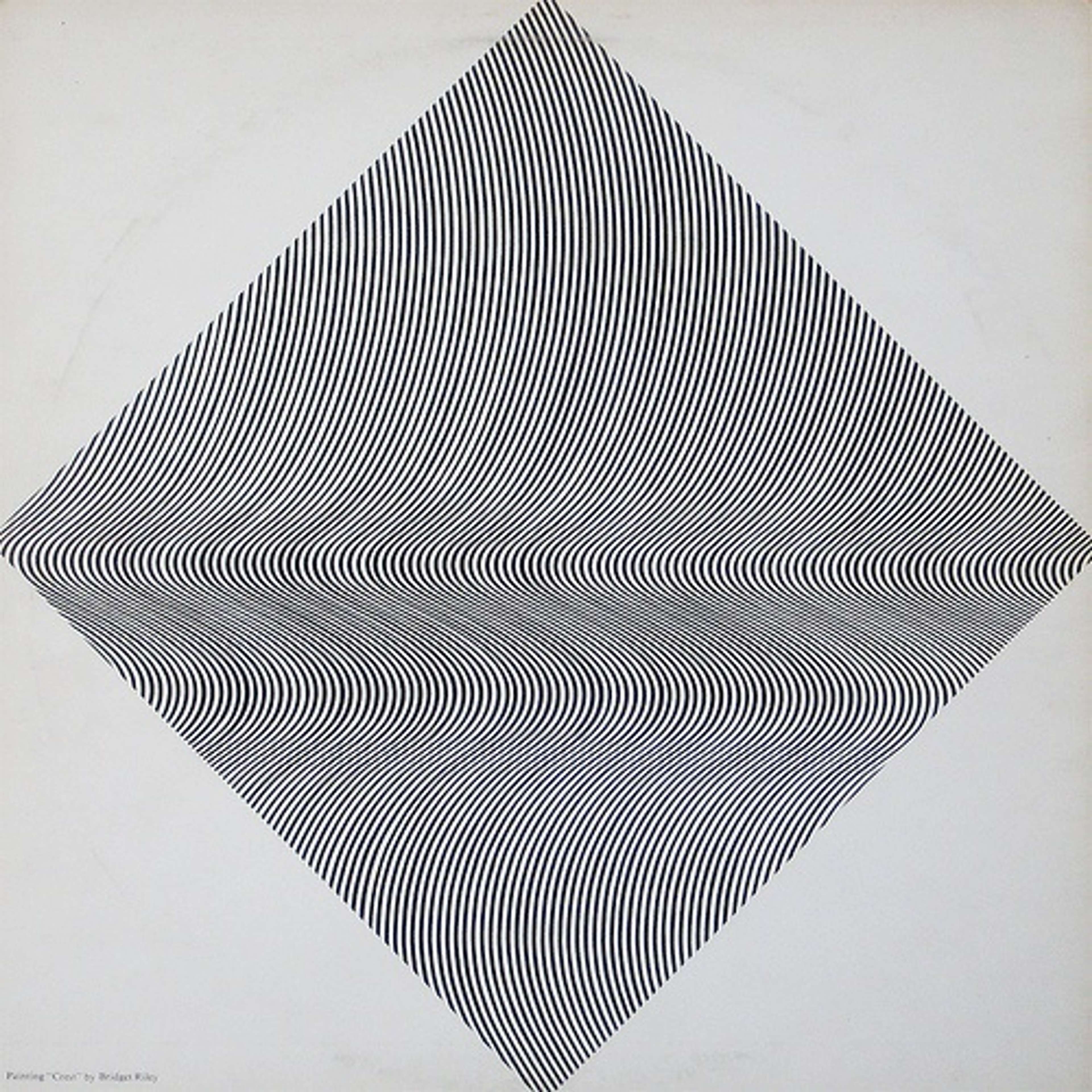Une image de la pochette de l'album « The Faust Tapes », conçue par l'artiste Bridget Riley. Il s'agit d'une illusion d'optique en noir et blanc, créant une sensation désorientante de vagues sur une surface plane.]