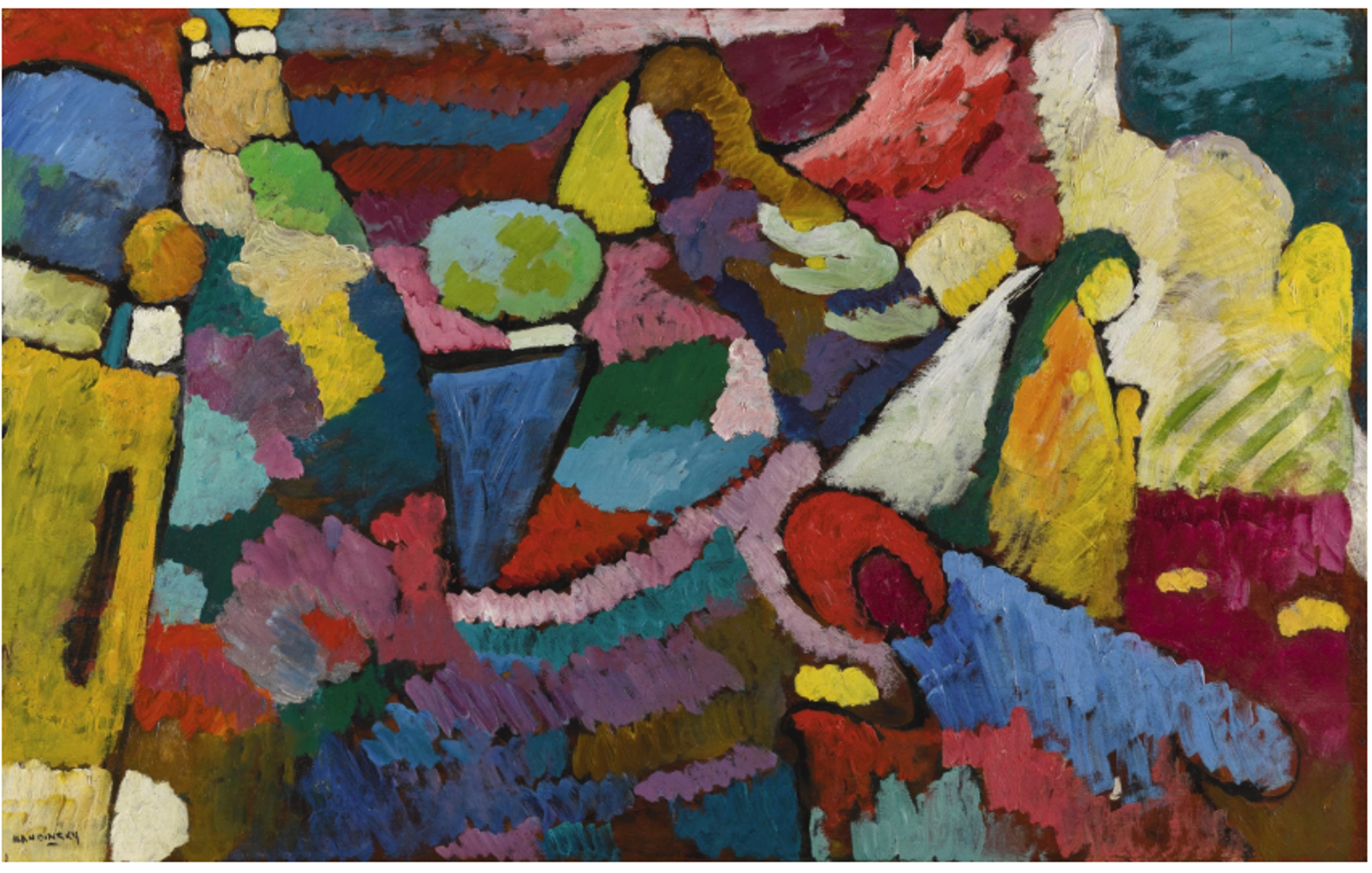 A vibrant, colourful abstract painting with amorphous, roughly-painted shapes in blues, reds, yellows, and greens. The forms are all separated by thin strips of visible dark background, creating a sense of depth and movement with bold brush strokes and colour contrasts.
