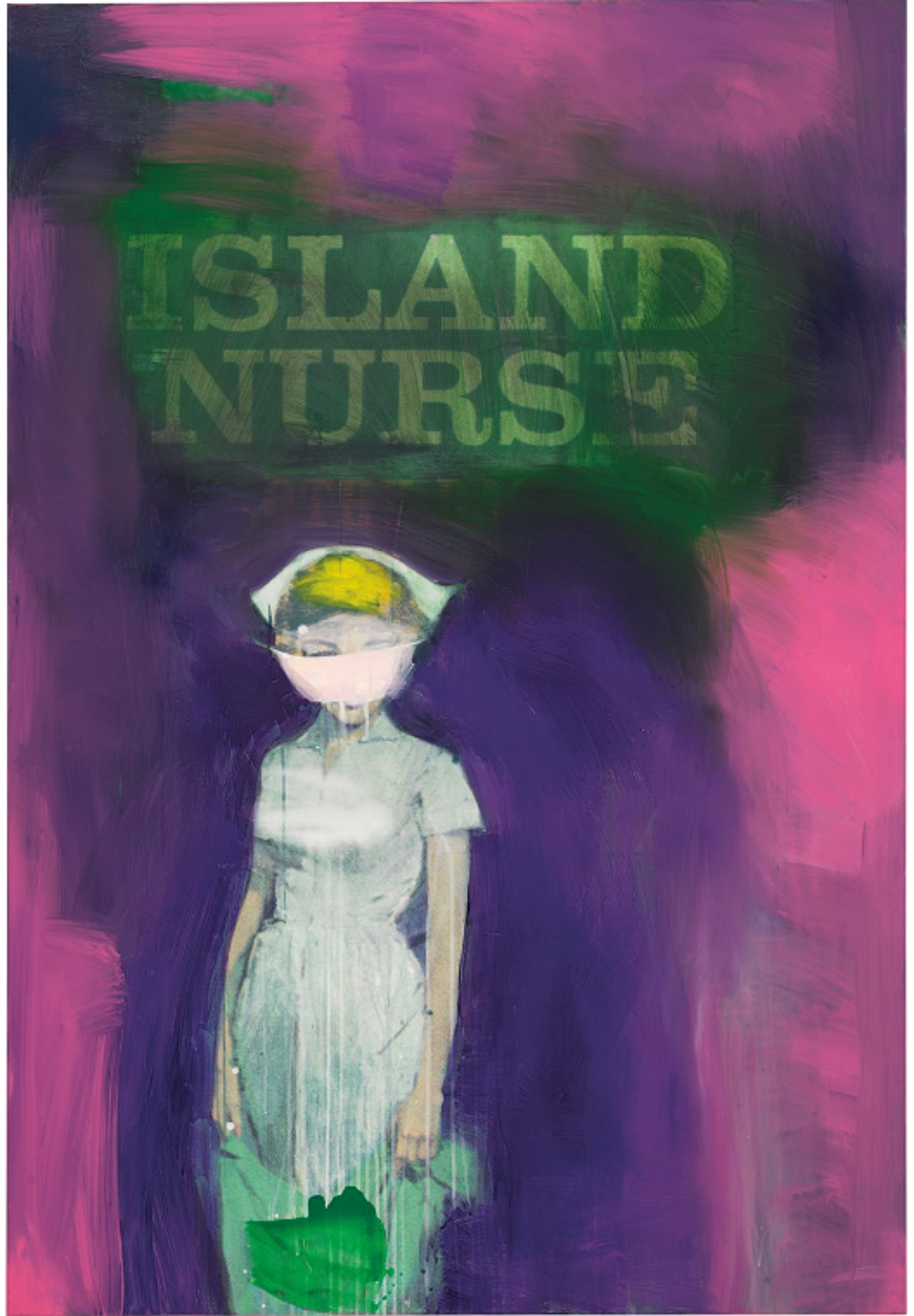 A ghostly figure in a white nurse's uniform and cap set against a vibrant purple and pink background. Part of her uniform and hair is painted with a watery, garish green. The same green is used to highlight the words “Island Nurse” towards the top of the piece. 