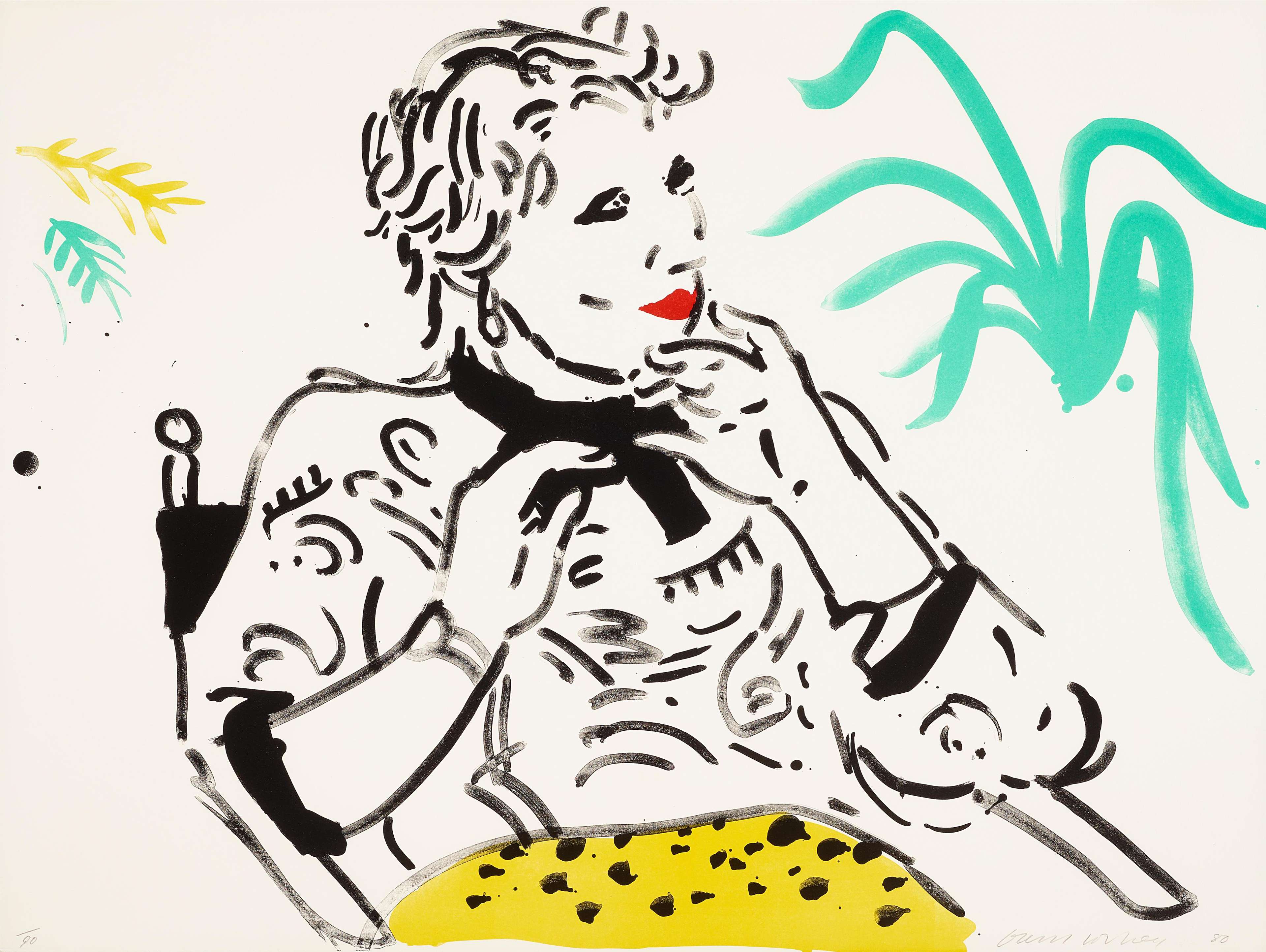 A portrait of Celia Birtwell beside a leafy plant, her patterned clothing harmonising with the vivid greens and blues of the composition.
