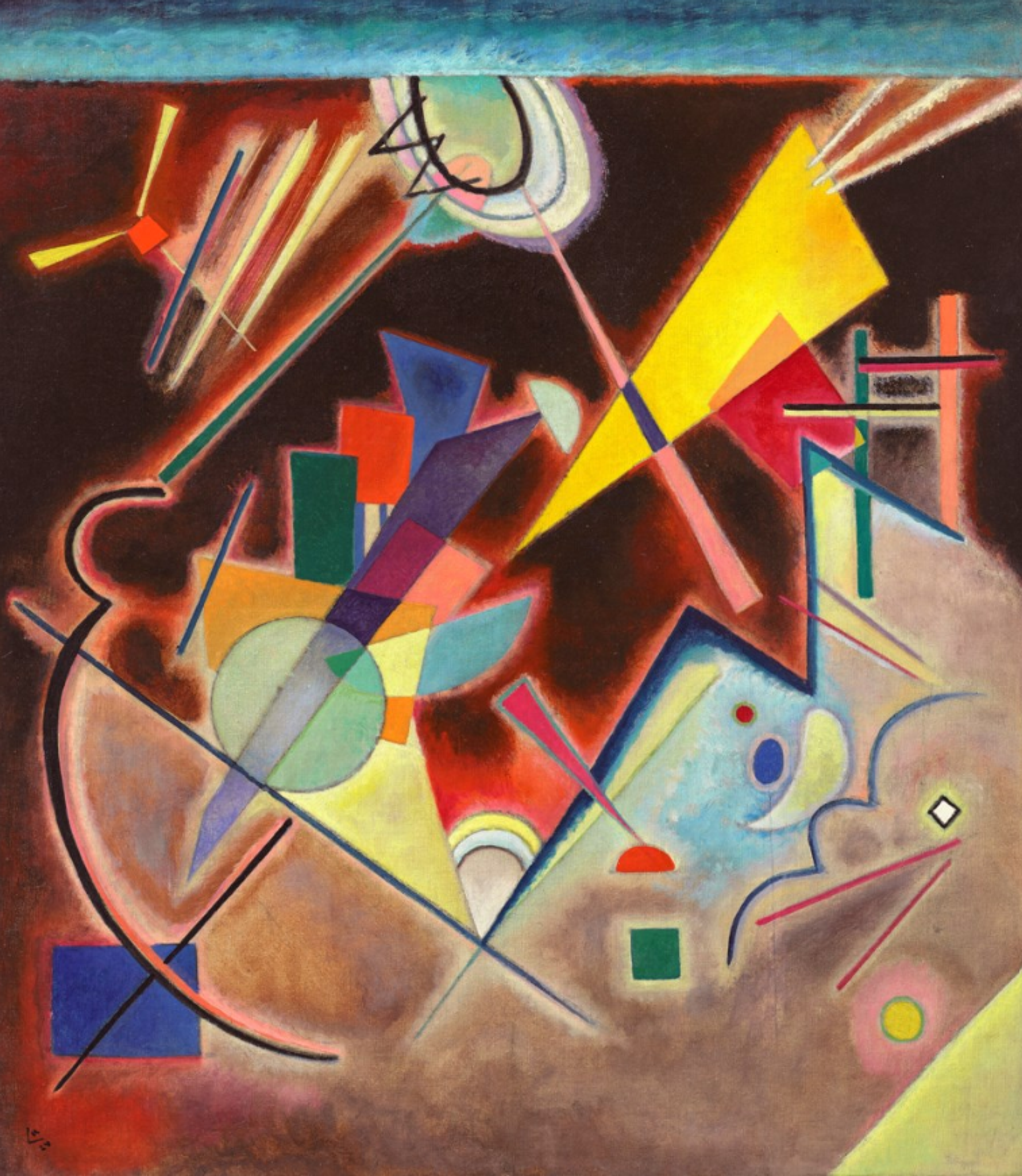 An abstract painting with angular geometric forms in browns, yellows, purples, and blue tones. Sharp diagonal lines, zigzags, and shards of colour cut across the composition. A stretch of textured blue runs horizontally across the top of the canvas. The overall effect suggests movement, depth, and chaos below the surface.