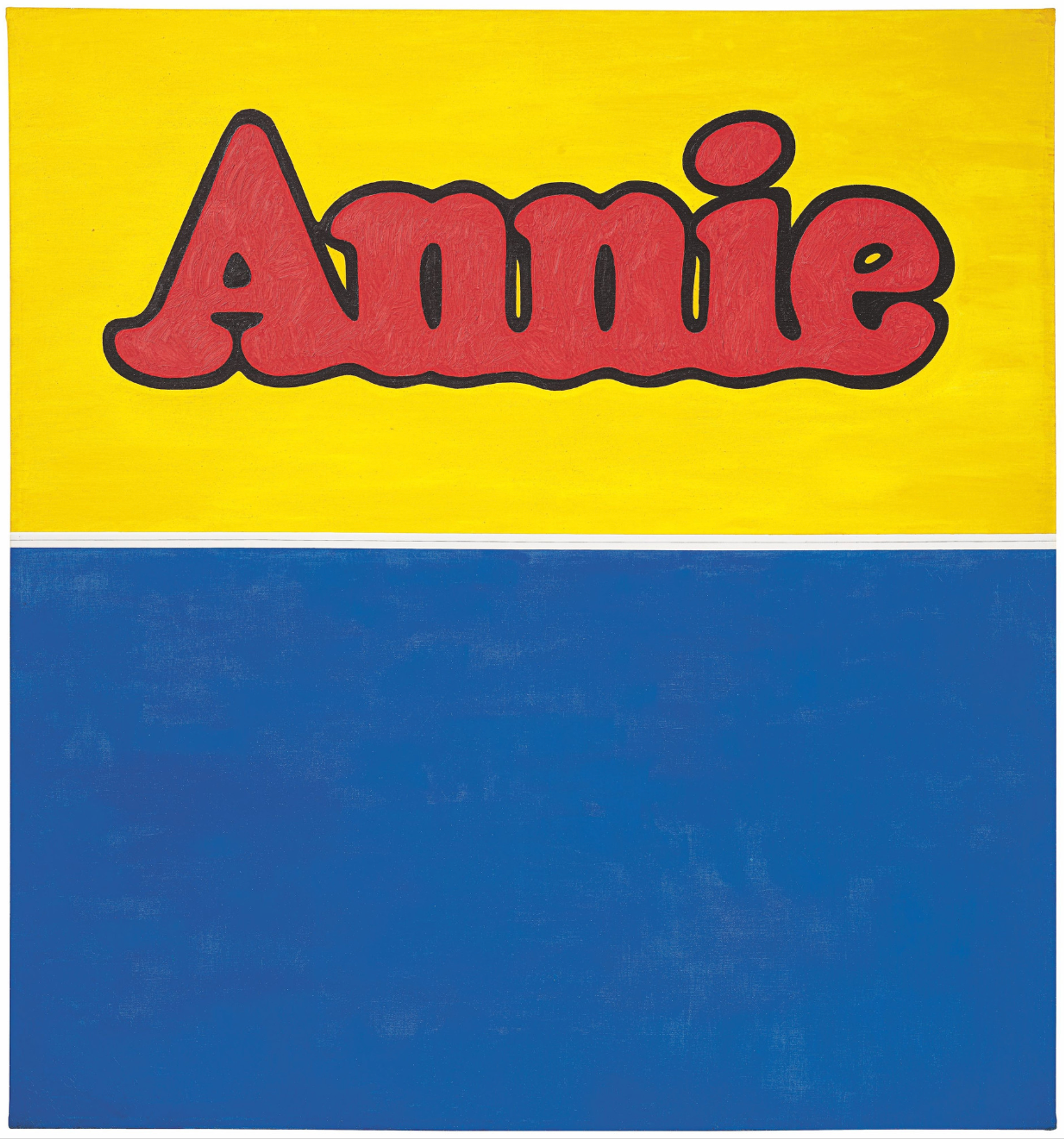 Peinture de Ruscha représentant le nom « Annie » avec un jeu de couleurs contrastées qui divise la toile en deux moitiés distinctes. La partie supérieure affiche le mot en rouge vif sur un fond jaune, tandis que la partie inférieure plonge le spectateur dans un bleu profond.