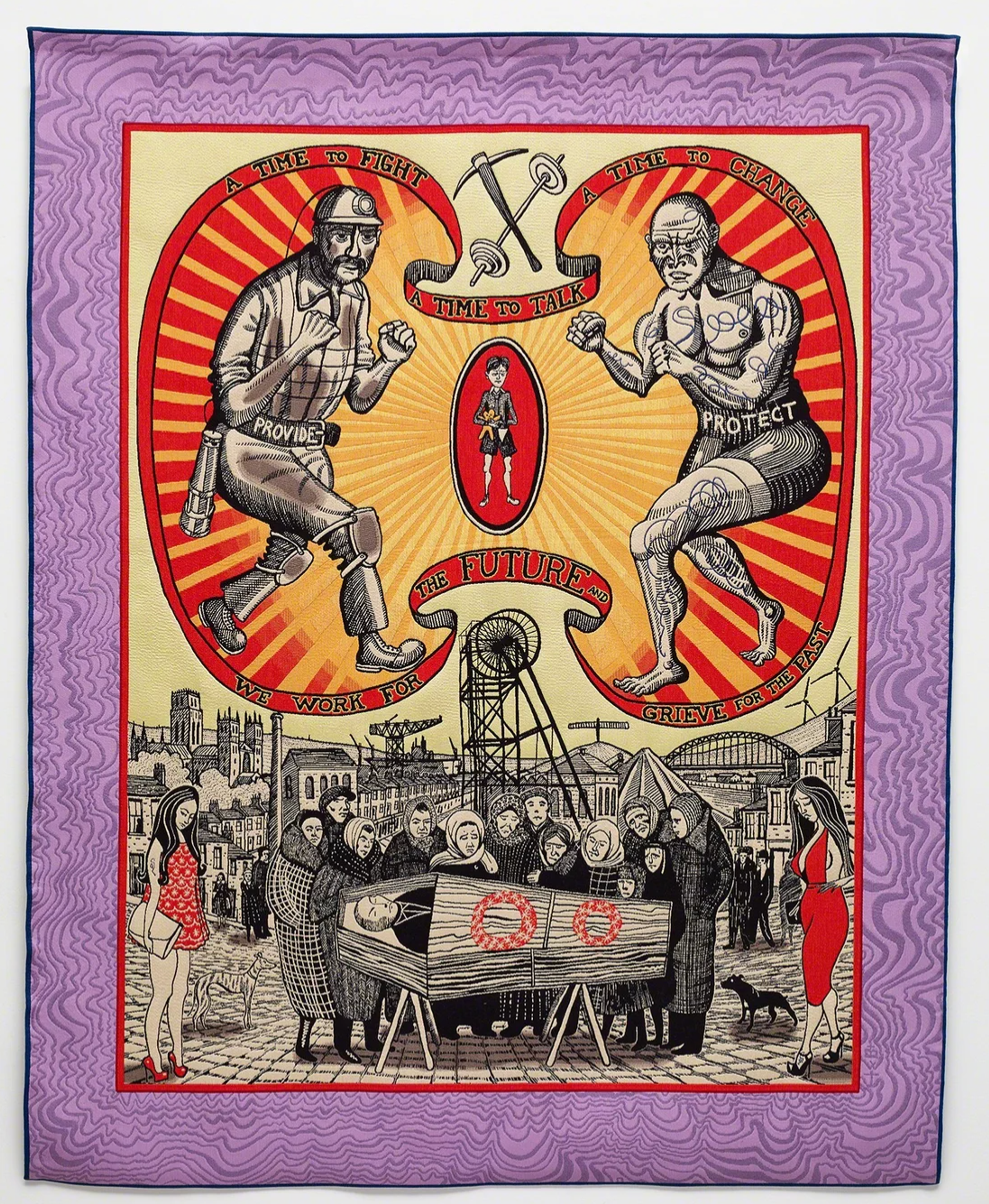 Tapisserie de Grayson Perry représentant une scène de deuil collectif, symbolisant le déclin des rôles masculins traditionnels.