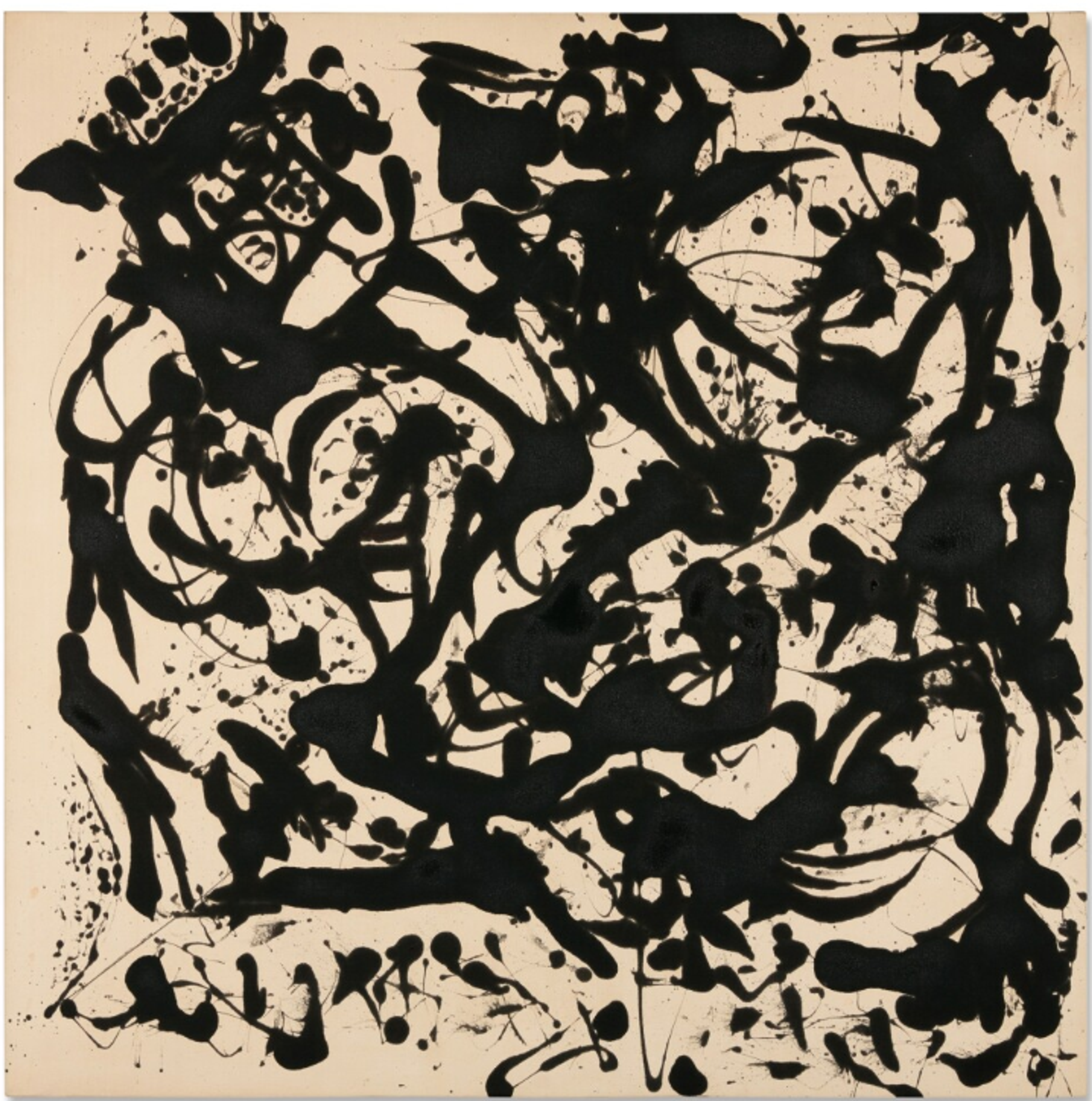 A square canvas with a cream background, covered in bold, looping black enamel lines and splatters. The brushwork is dynamic and spontaneous, with thick black inky forms dominating the composition.