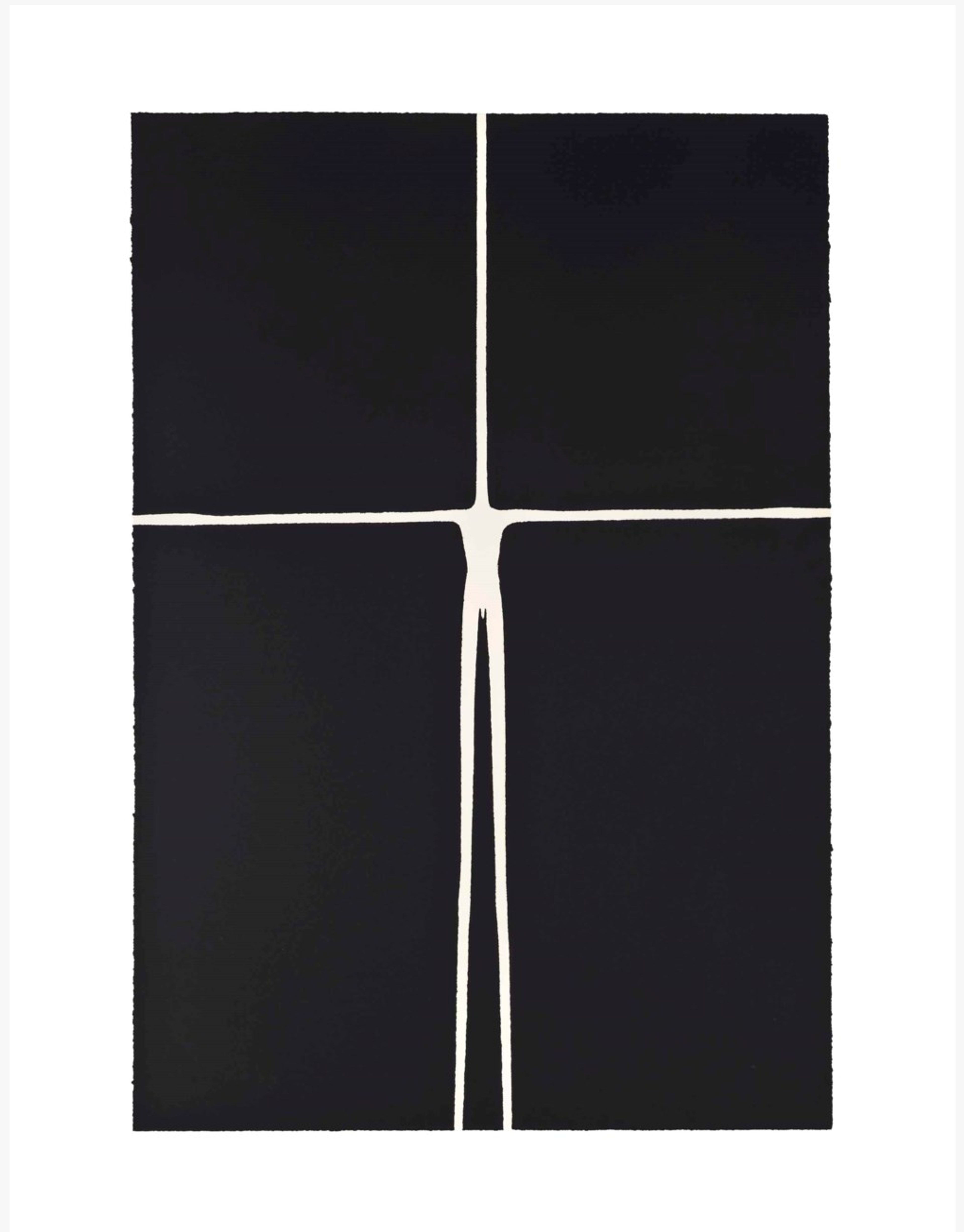 Un carré noir avec une croix blanche au centre qui ressemble à la silhouette d'un corps humain allongé sur le sol, les bras et les jambes écartés.