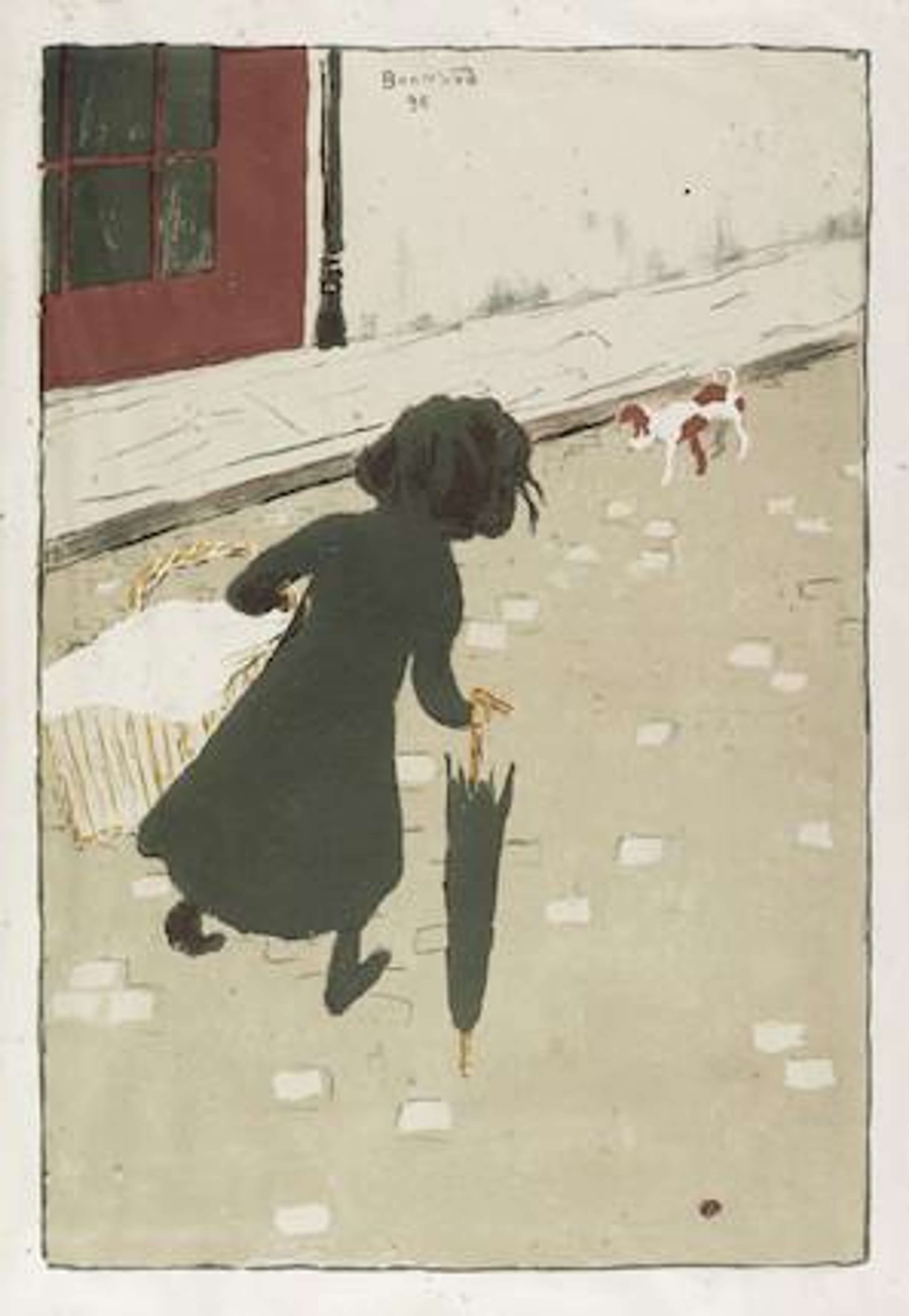 Une jeune fille vêtue d'un manteau noir à capuche, long jusqu'aux chevilles, marche sur une rue pavée, s'éloignant du spectateur. Elle tient un parapluie fermé dans une main et un panier couvert dans l'autre. Elle s'approche d'un petit chien qui marche dans la direction opposée. À l'arrière-plan, on aperçoit le trottoir, le pavage et le coin d'une porte rouge foncé.