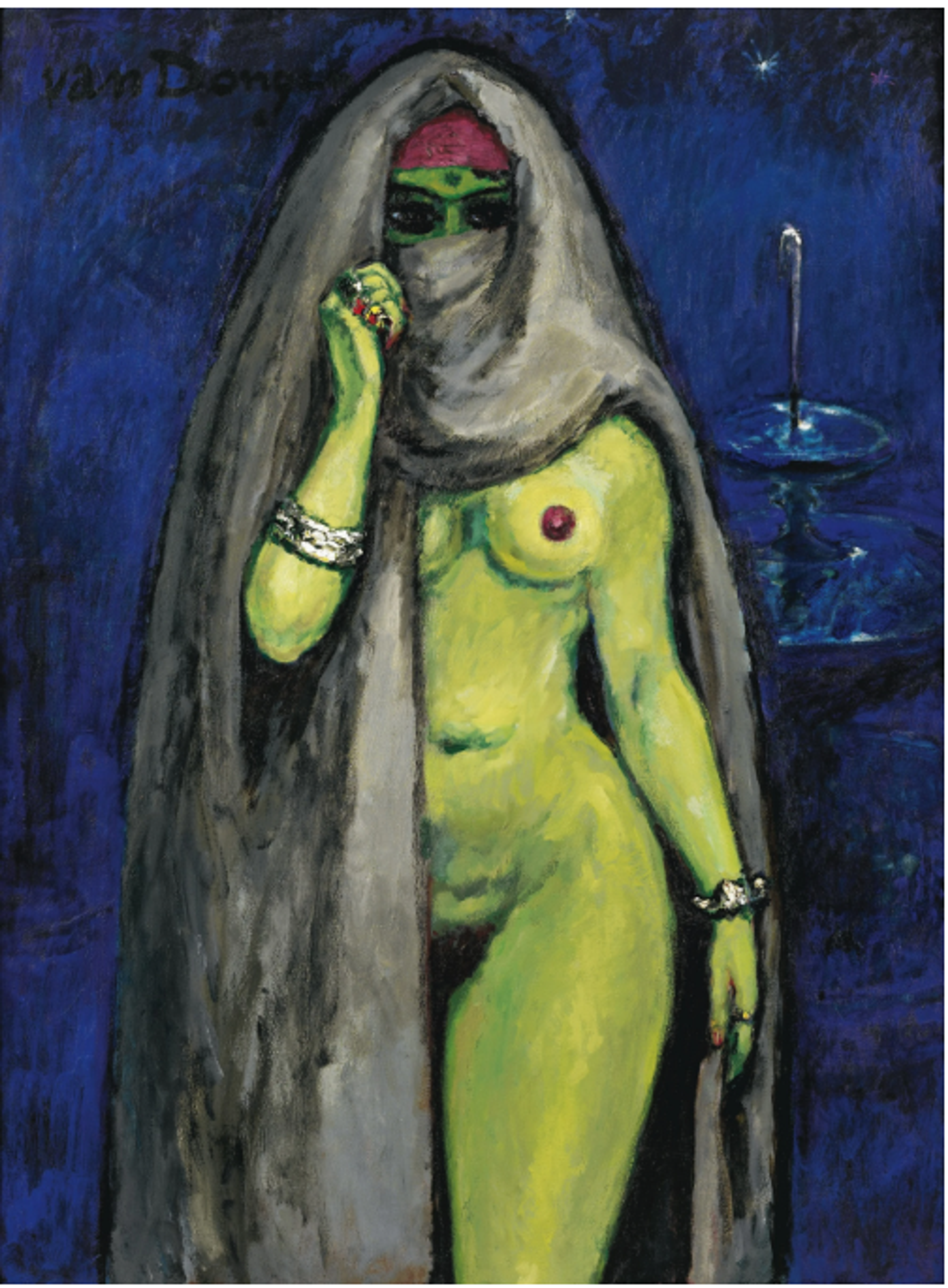 A nude female figure in a dramatic pose holding a dark veil around her face. Her body is rendered in bright yellow-green with bold outlines. The background is a textured deep blue.