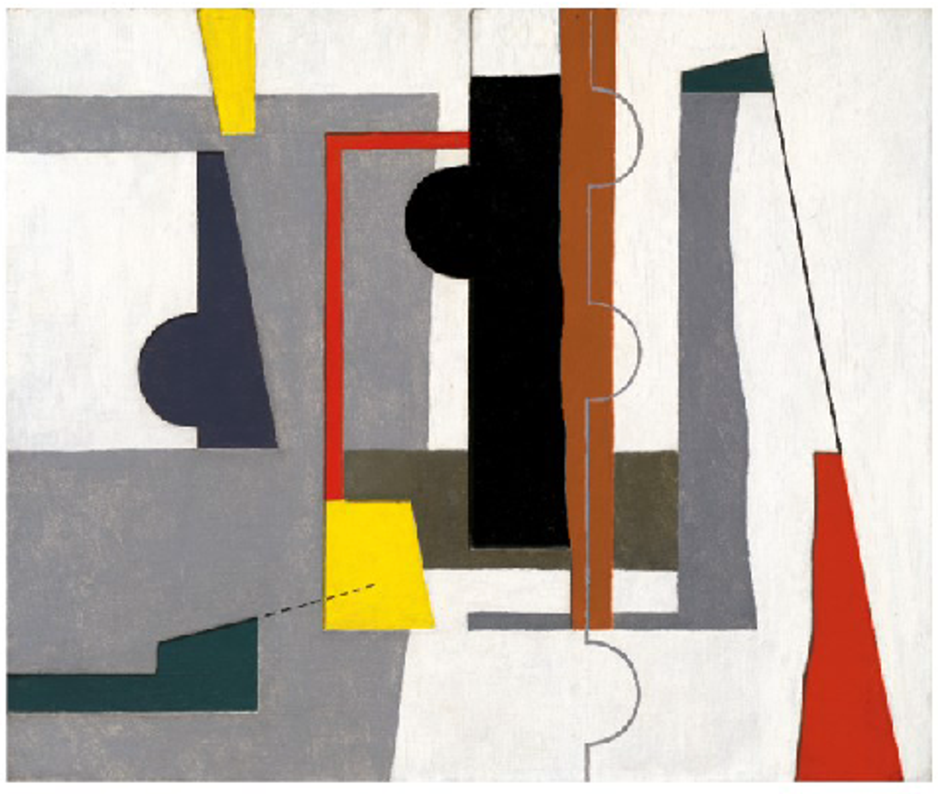 Une composition abstraite de formes sur une toile blanche. Les formes sont abstraites et colorées dans des nuances de gris, de vert, de jaune, de noir, de brun et de rouge.