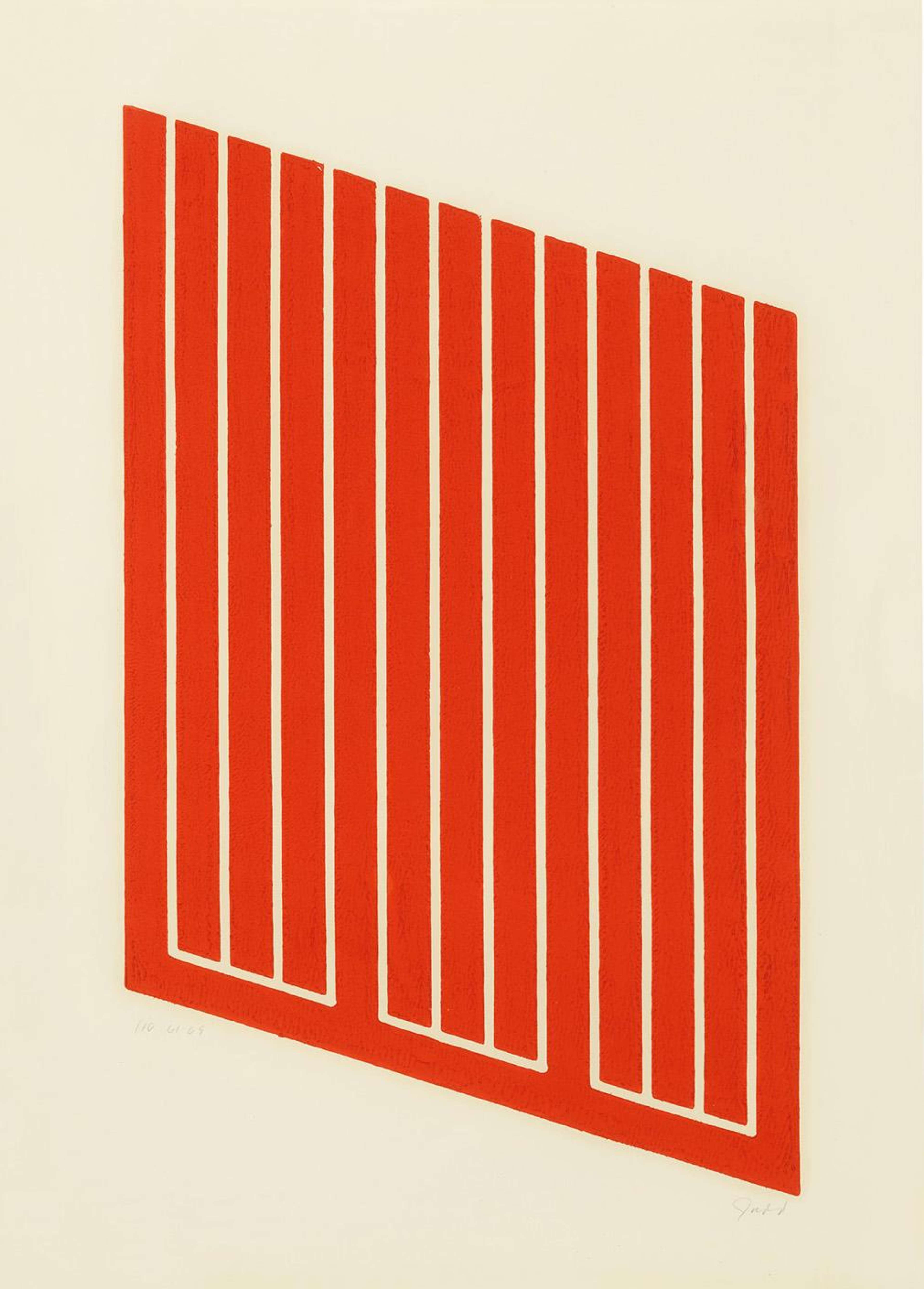 Un carré rouge légèrement incliné vers le haut sur le côté gauche. Neuf lignes verticales sont découpées, laissant apparaître la couleur du fond, et regroupées par séries de trois près du bord inférieur du carré rouge.