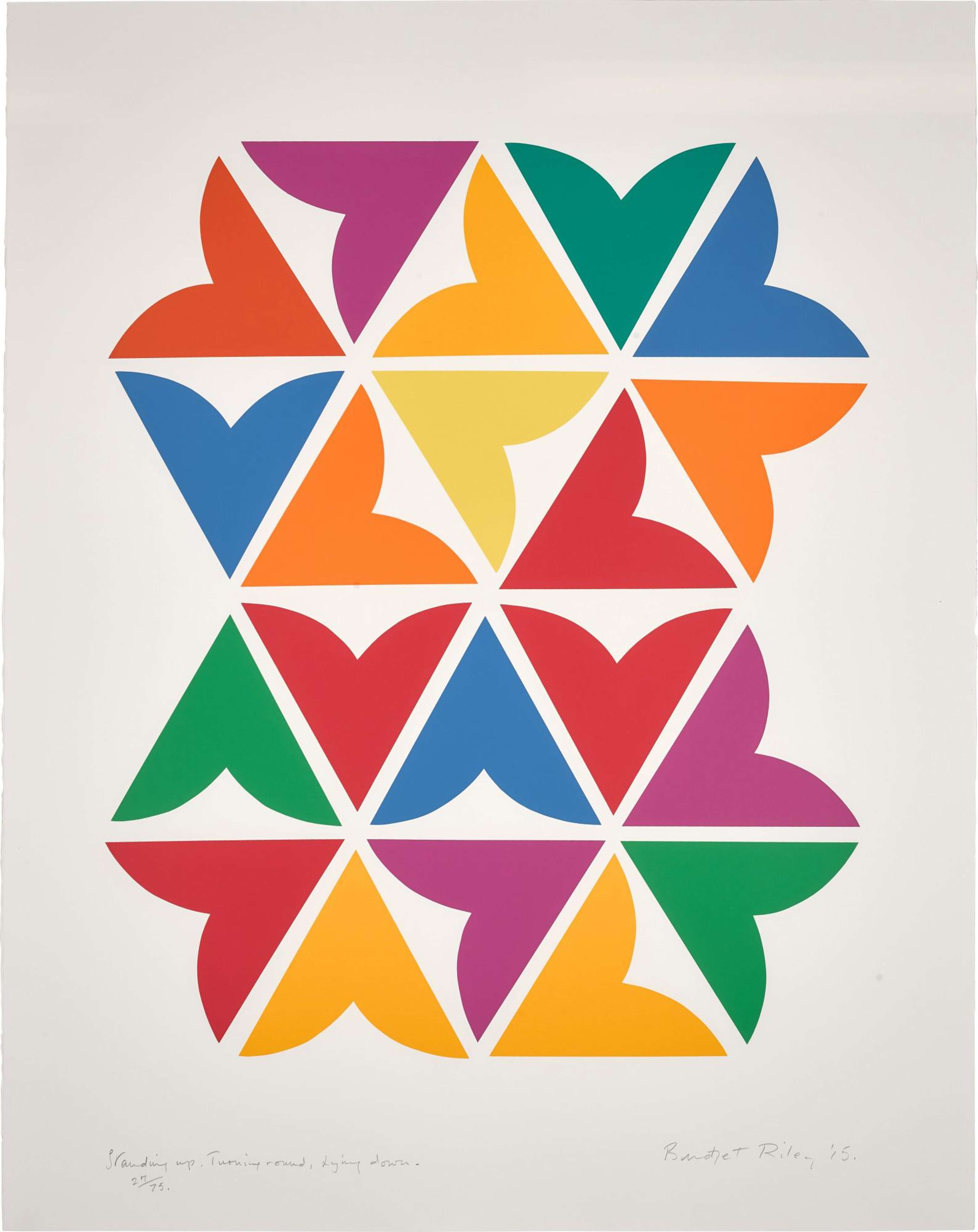 Cette estampe représente un motif coloré composé de formes rendues par des aplats de couleurs franches et vibrantes. Les couleurs vives se détachent sur un fond blanc uni, attirant l'attention du spectateur vers le centre de la composition. Le vert, le rouge, l'orange, le jaune et le bleu dominent l'œuvre, rendant cette estampe vivante et visuellement stimulante.