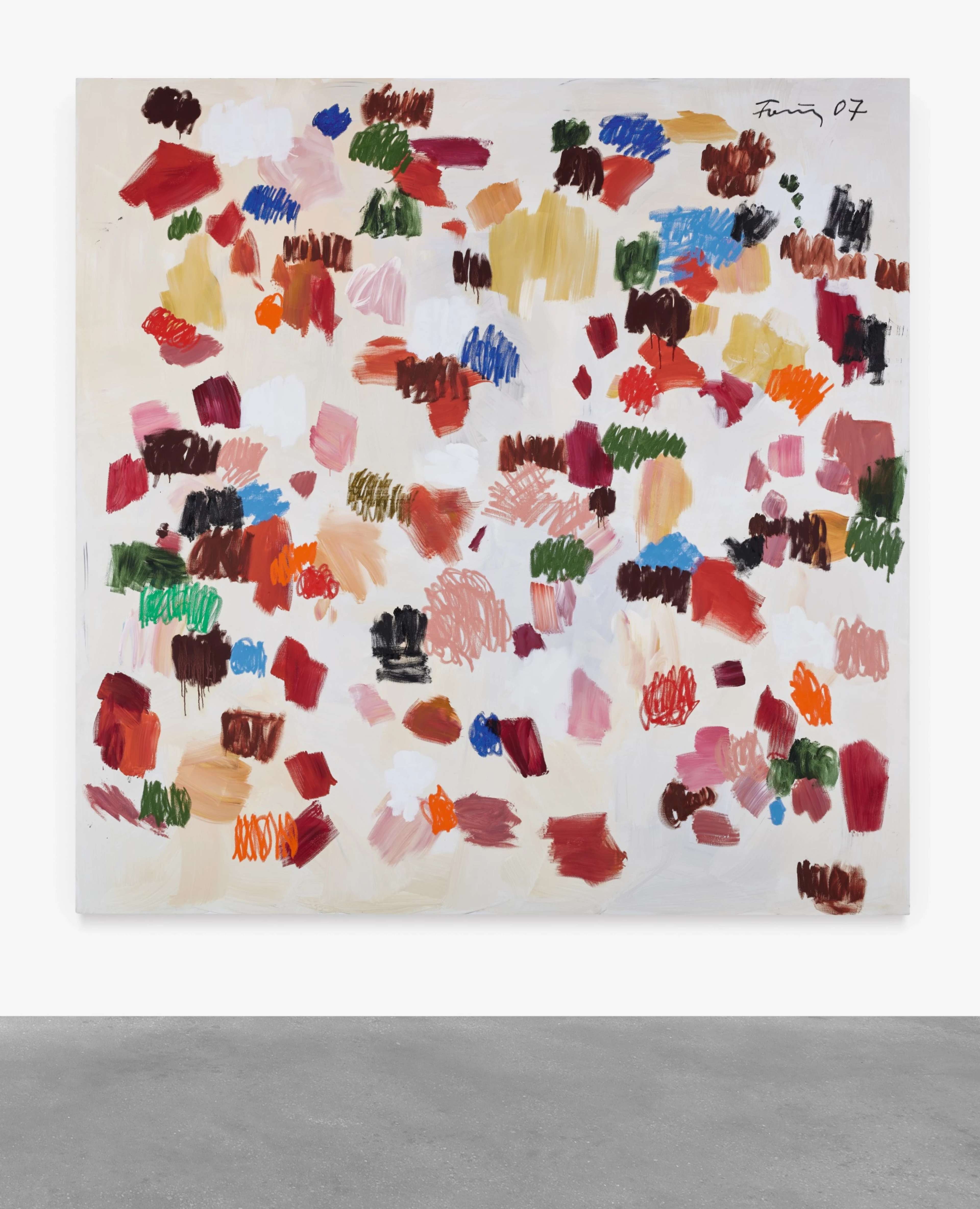 A large square oil and acrylic painting featuring vibrant multicoloured brushstrokes scattered across a white ground. The composition includes warm tones, including reds, pinks, greens, and browns in various densities, with a smattering of blue, the marks appearing to float freely in space.