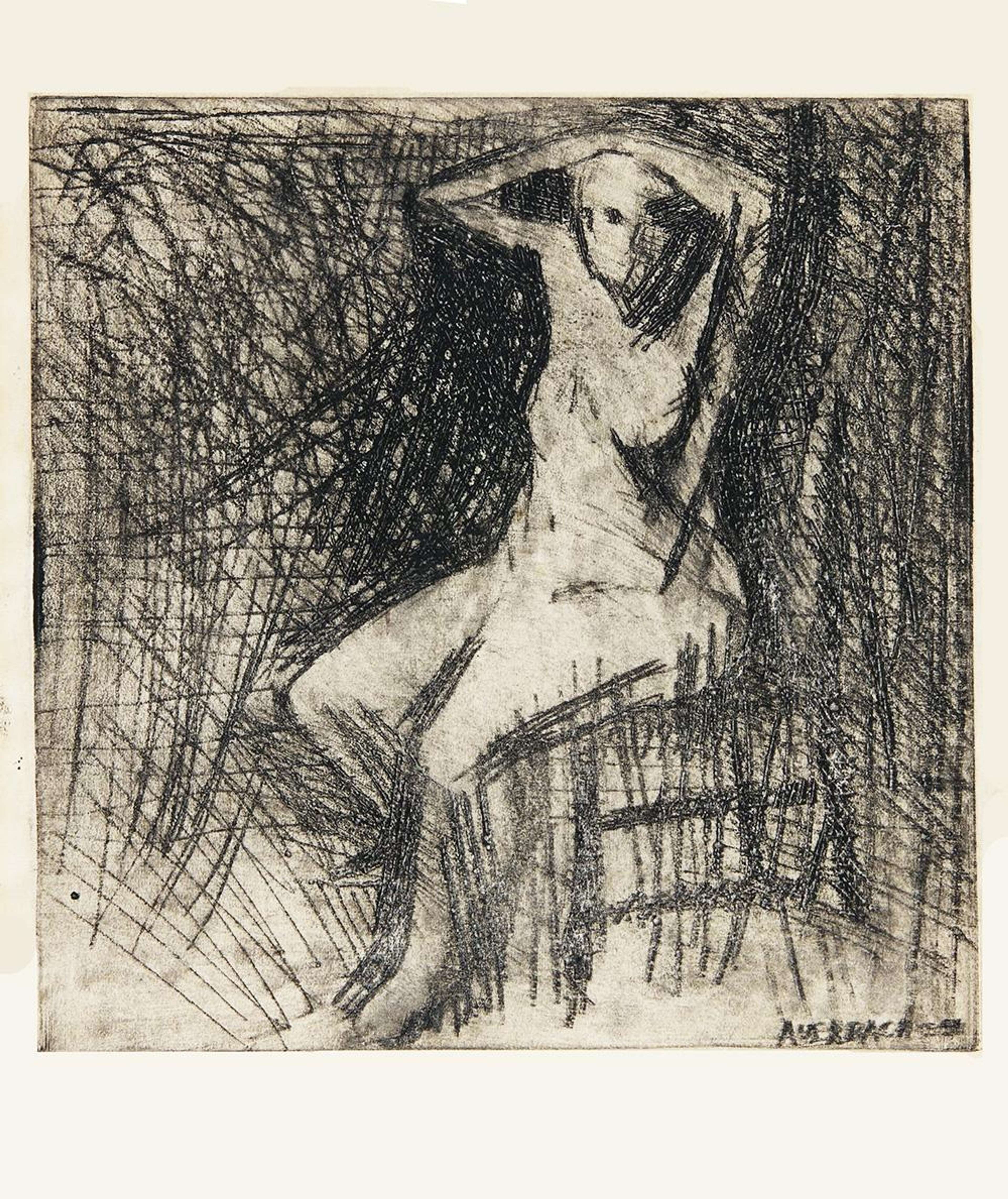 Nude Seated With Arms Above Her Head - Signed Print by Frank Auerbach 1954 - MyArtBroker