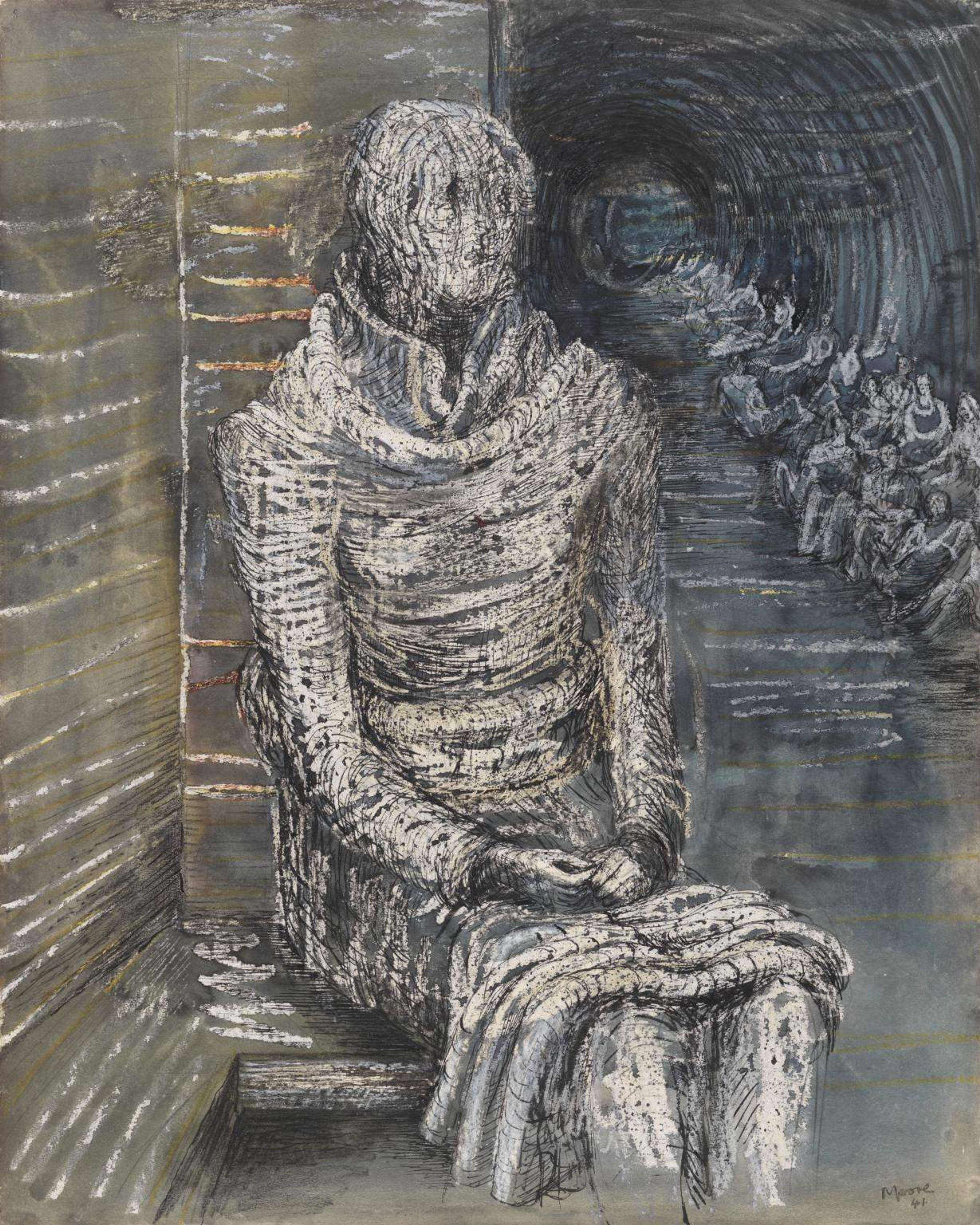 Un dessin représentant une figure androgyne, que le titre de l'œuvre identifie comme une femme, assise dans un intérieur sombre, les mains jointes sur ses genoux. Un tunnel sombre s'étend vers l'arrière-plan sur la droite, tandis que la figure regarde l'observateur dans les yeux.