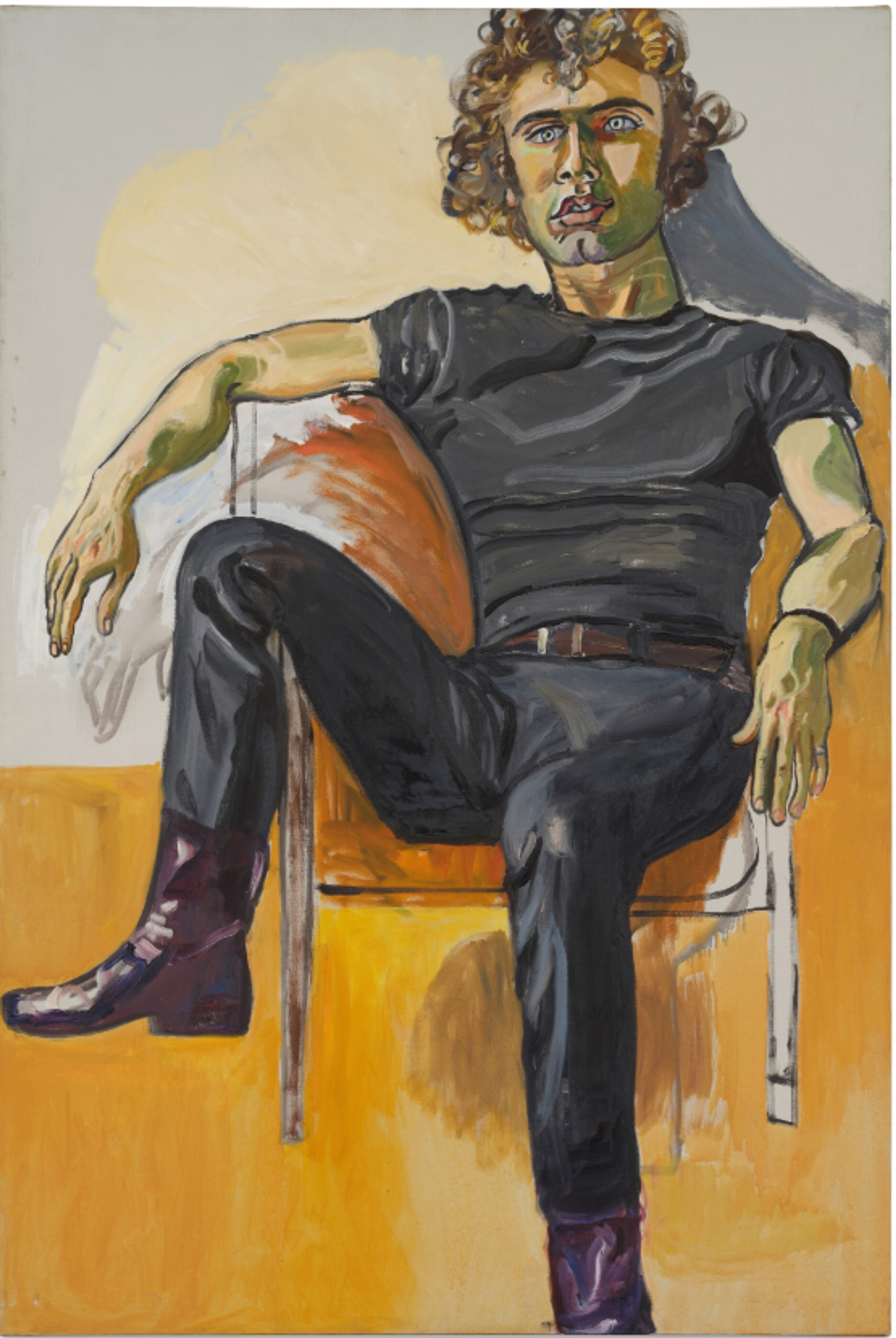 A portrait painting of a man with dark blonde curly hair wearing a black t-shirt and dark jeans, seated casually in a chair against a yellow ochre background. One of his legs hangs over the arm of the chair. His hands hang in a limp, comfortable way. 