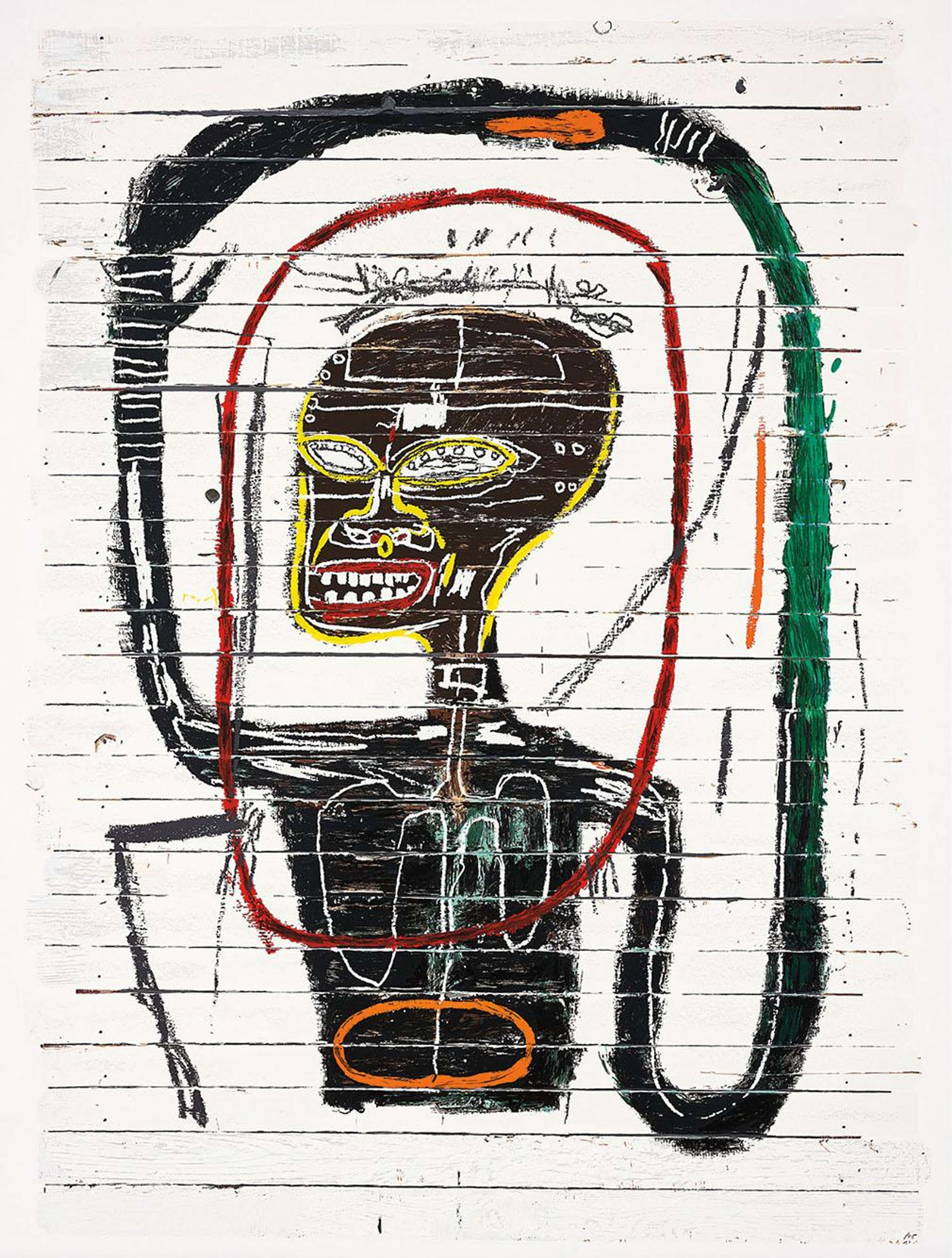 Figure squelettique aux membres allongés, traits noirs audacieux et texte manuscrit dans le style de Jean-Michel Basquiat.
