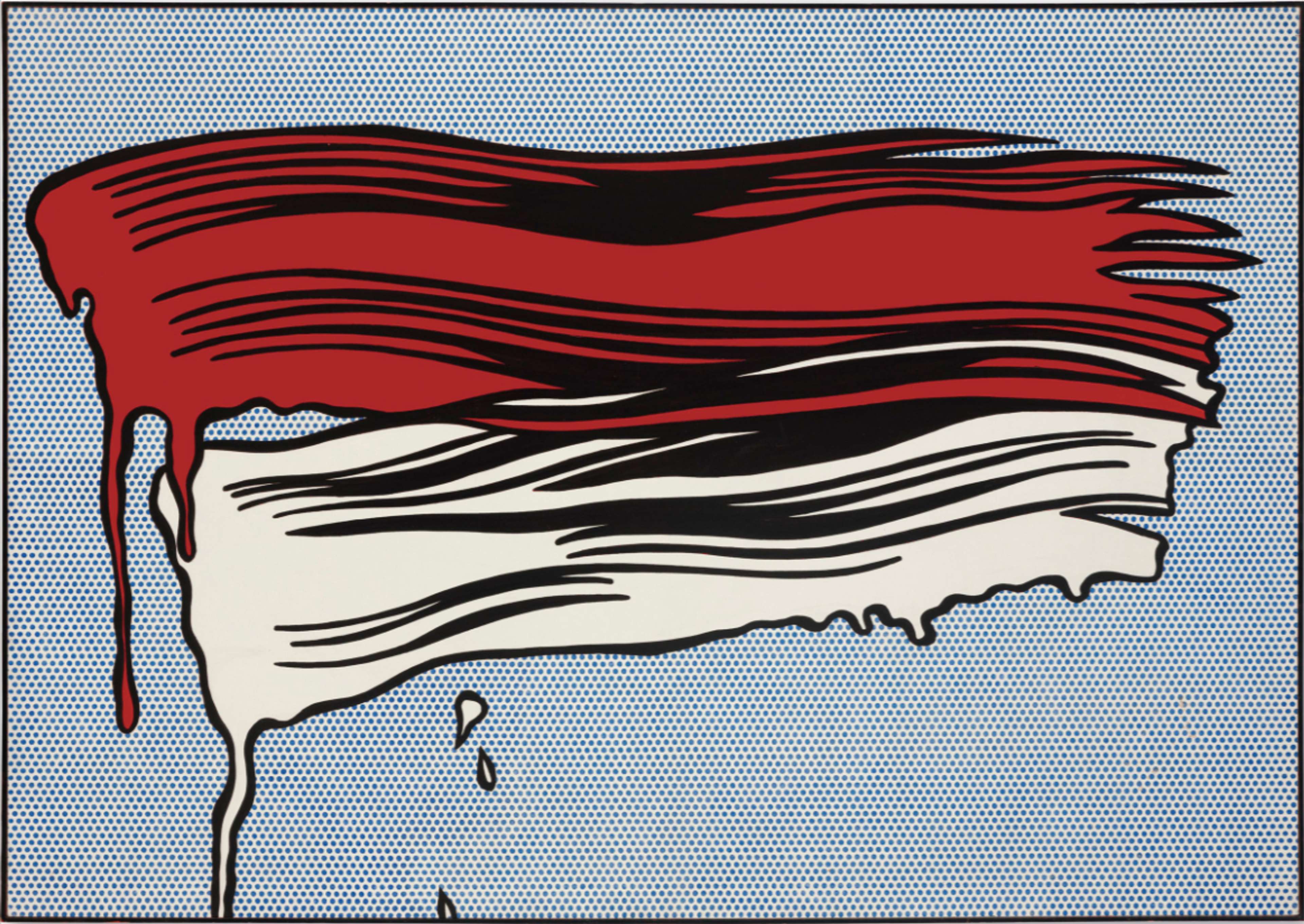 Une image du tableau « Red and White Brushstrokes » de Roy Lichtenstein. Il présente deux coups de pinceau de style graphique, un rouge et un blanc, sur un fond de points Ben-Day bleus.