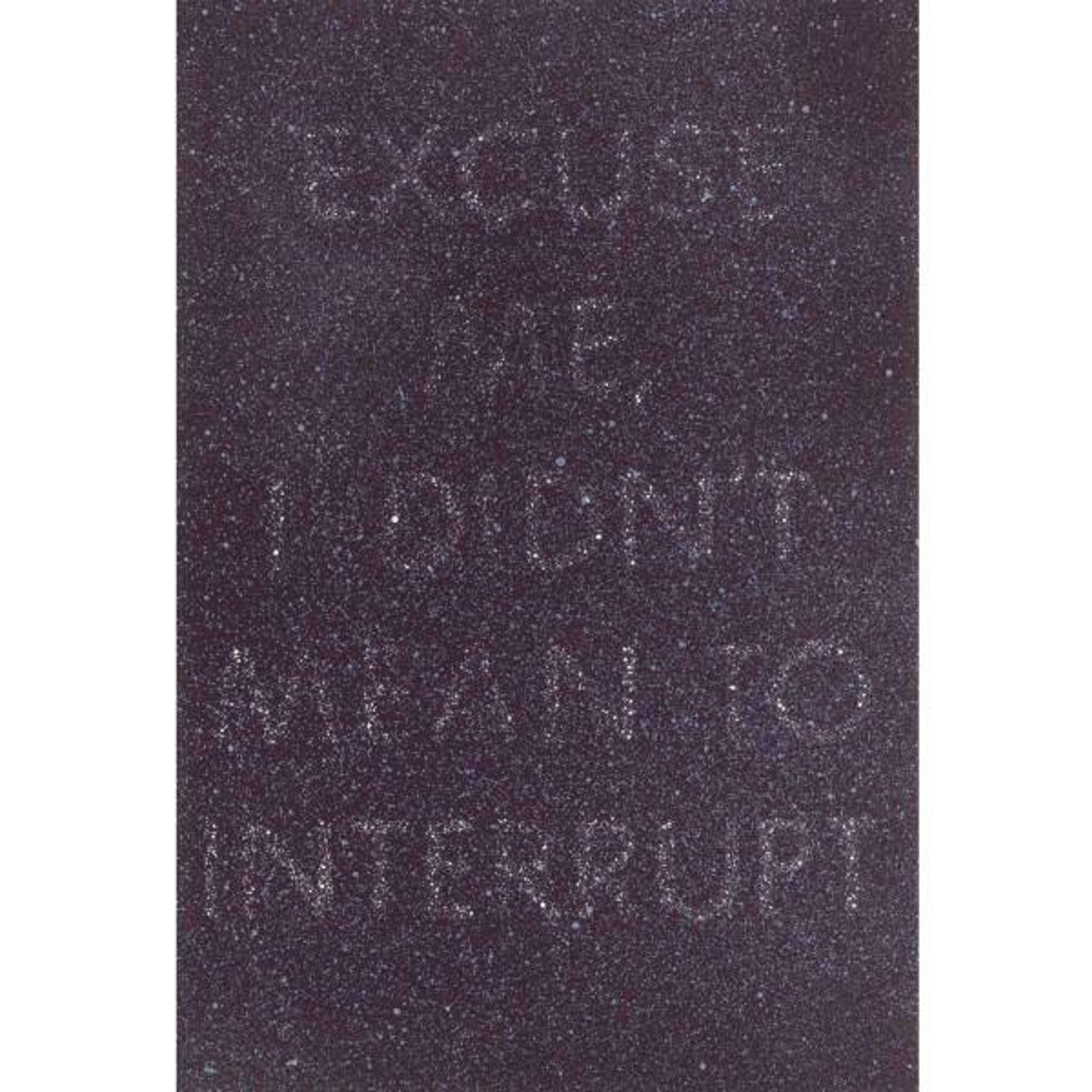 Sérigraphie en couleurs d'Ed Ruscha représentant les mots « EXCUSE ME, I DIDN'T MEAN TO INTERRUPT » en lettres blanches granuleuses et violet clair, le tout sur un fond indigo foncé et granuleux.