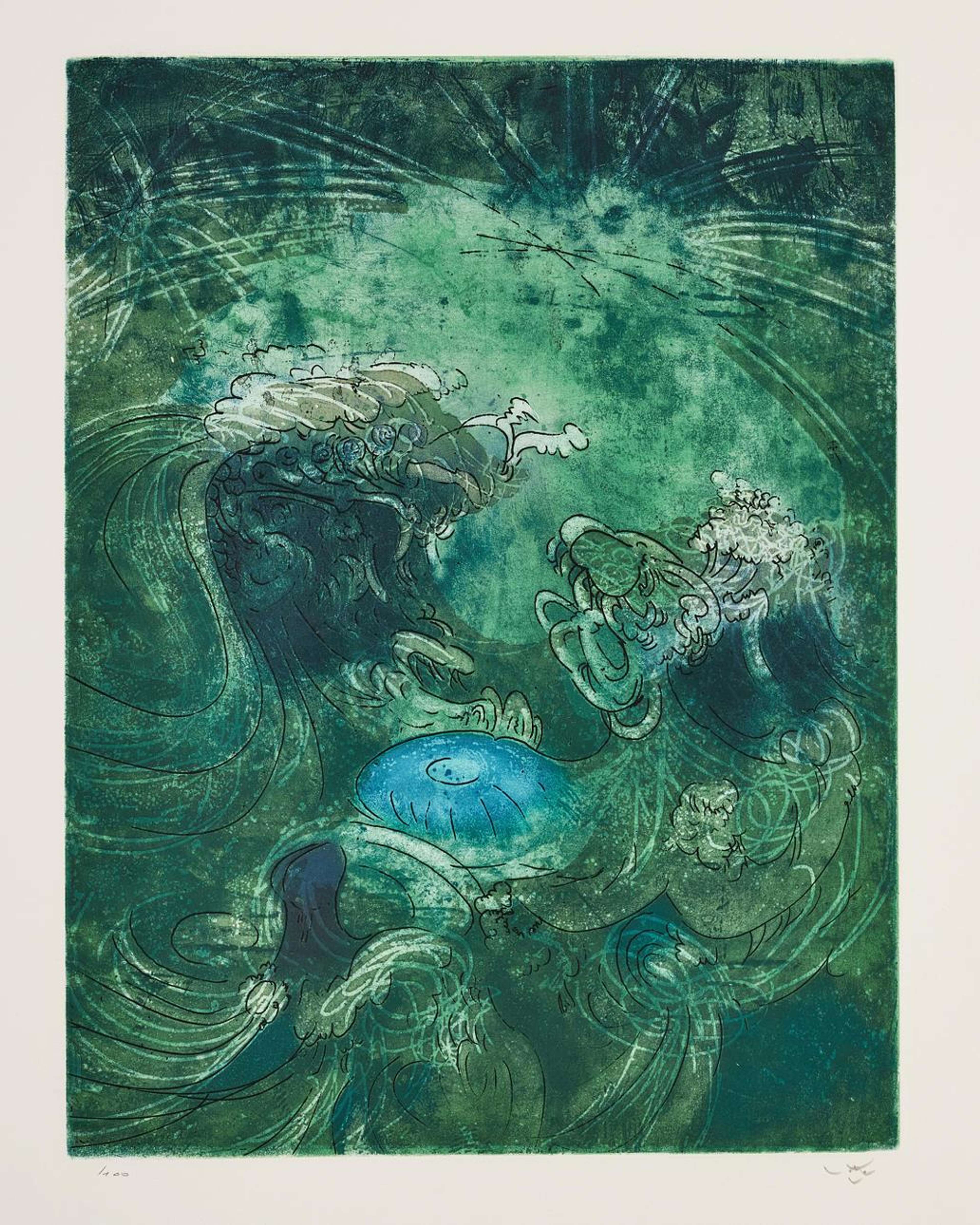 Une estampe bleue et verte représentant un tourbillon de vagues. En son centre semble se trouver un trou mécanique dans lequel tout est aspiré. Les lignes noires spontanées et les rehauts blancs suggèrent le chaos et le mouvement, avec une application texturée de l'encre caractéristique de l'œuvre de Matta.