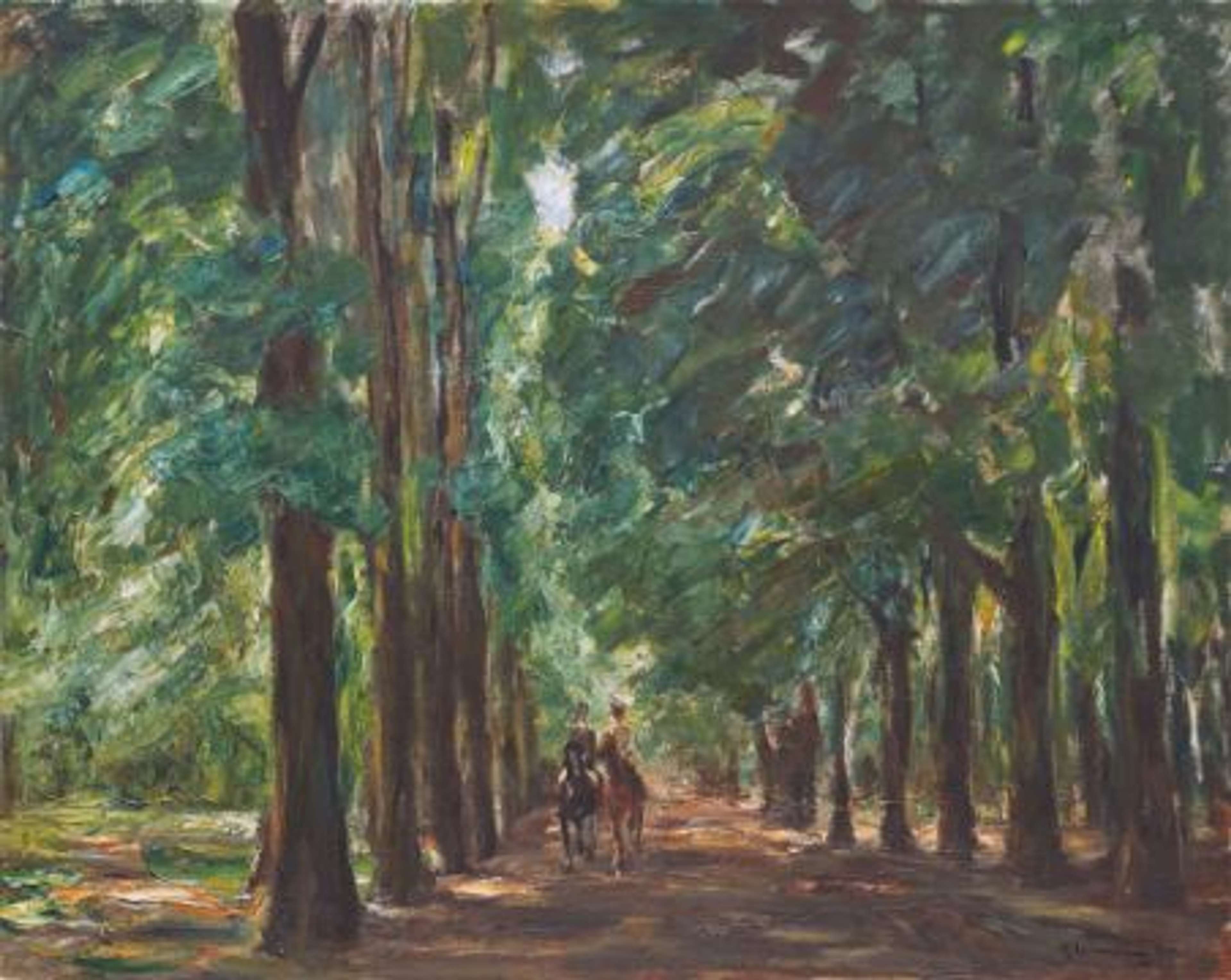 A painting of a rider on horseback moving along a shady avenue flanked by tall trees, painted with loose, impressionistic strokes.