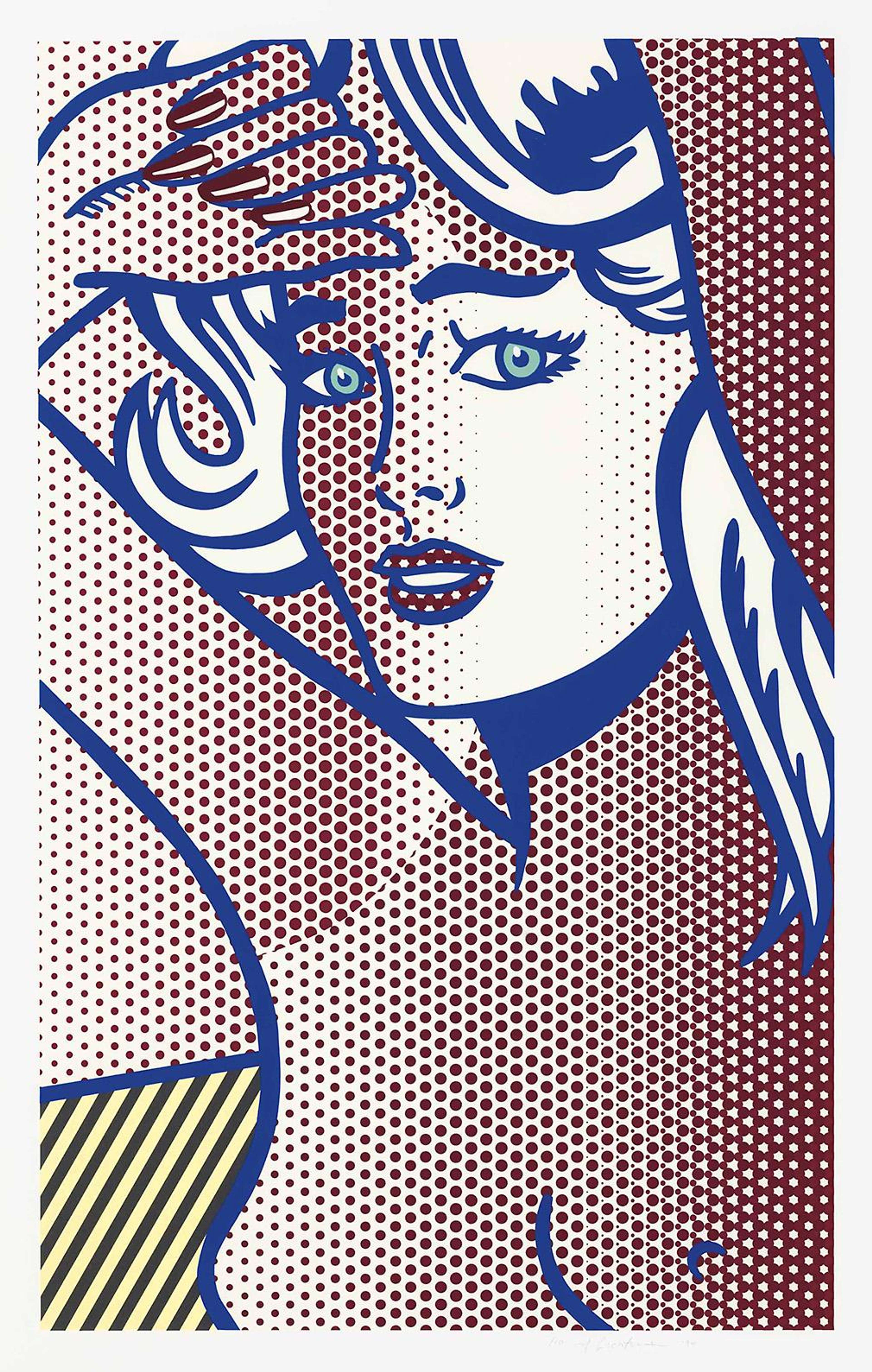 Roy Lichtenstein screenprint of a reclining nude with blue hair, Ben-Day dots and bold Pop Art colours.