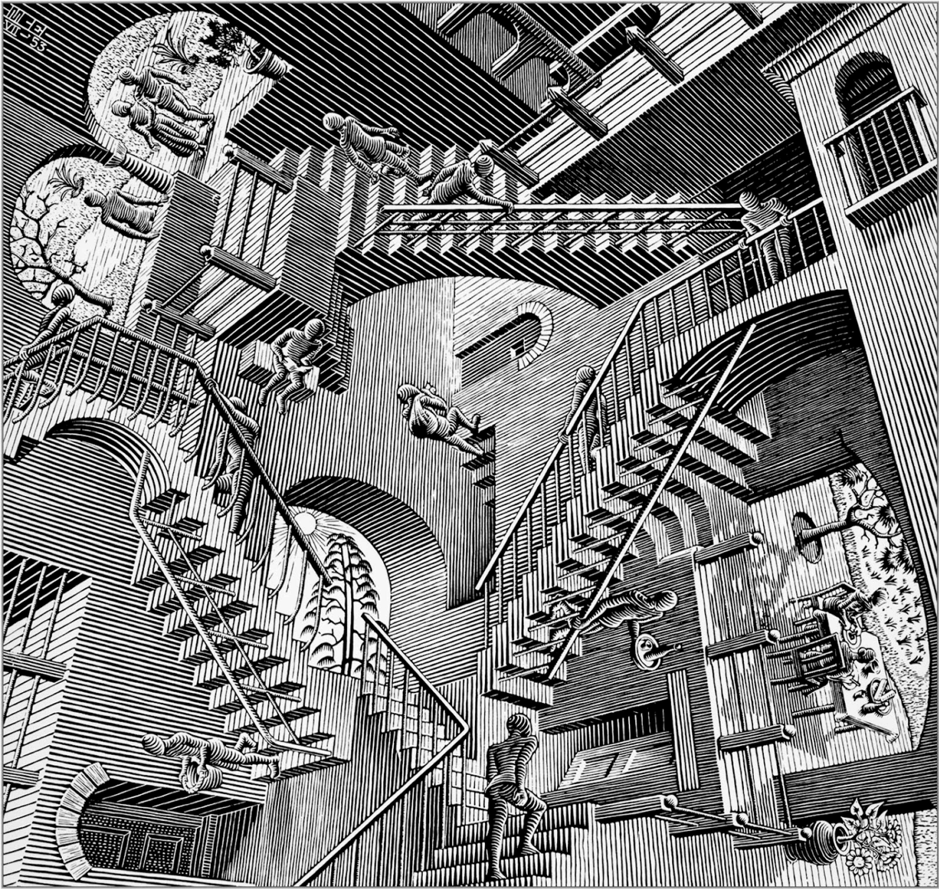Une estampe lithographique intitulée « Relativity » de M.C. Escher, datée de 1953, représentant une structure architecturale complexe en trois dimensions, faite d'escaliers, de plateformes et de portes, habitée par des figures sans visage vêtues de longues robes. La structure semble défier les lois de la gravité et de la perspective, avec des escaliers menant à la fois vers le haut et vers le bas, et des personnages se déplaçant dans différentes directions.