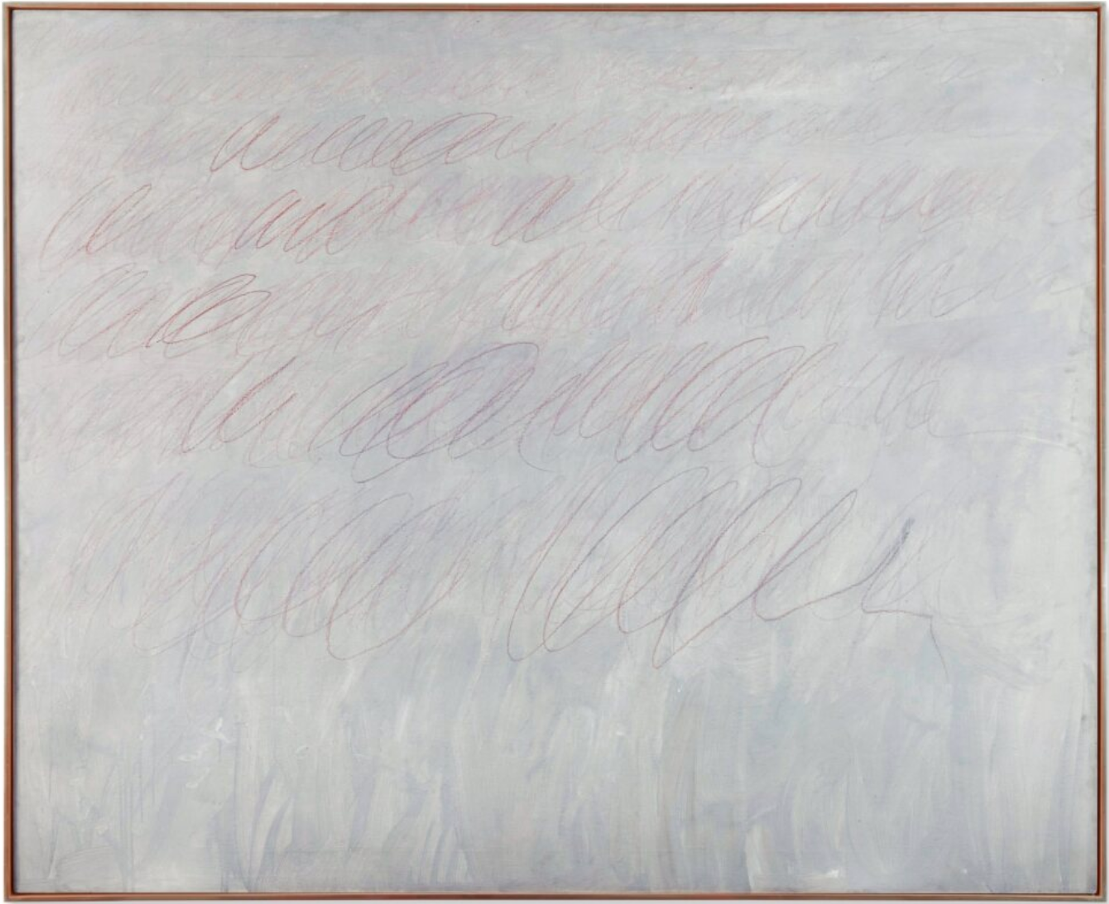 Une œuvre de Cy Twombly réalisée à la peinture à l'huile et au bâton de cire sur fond blanc.