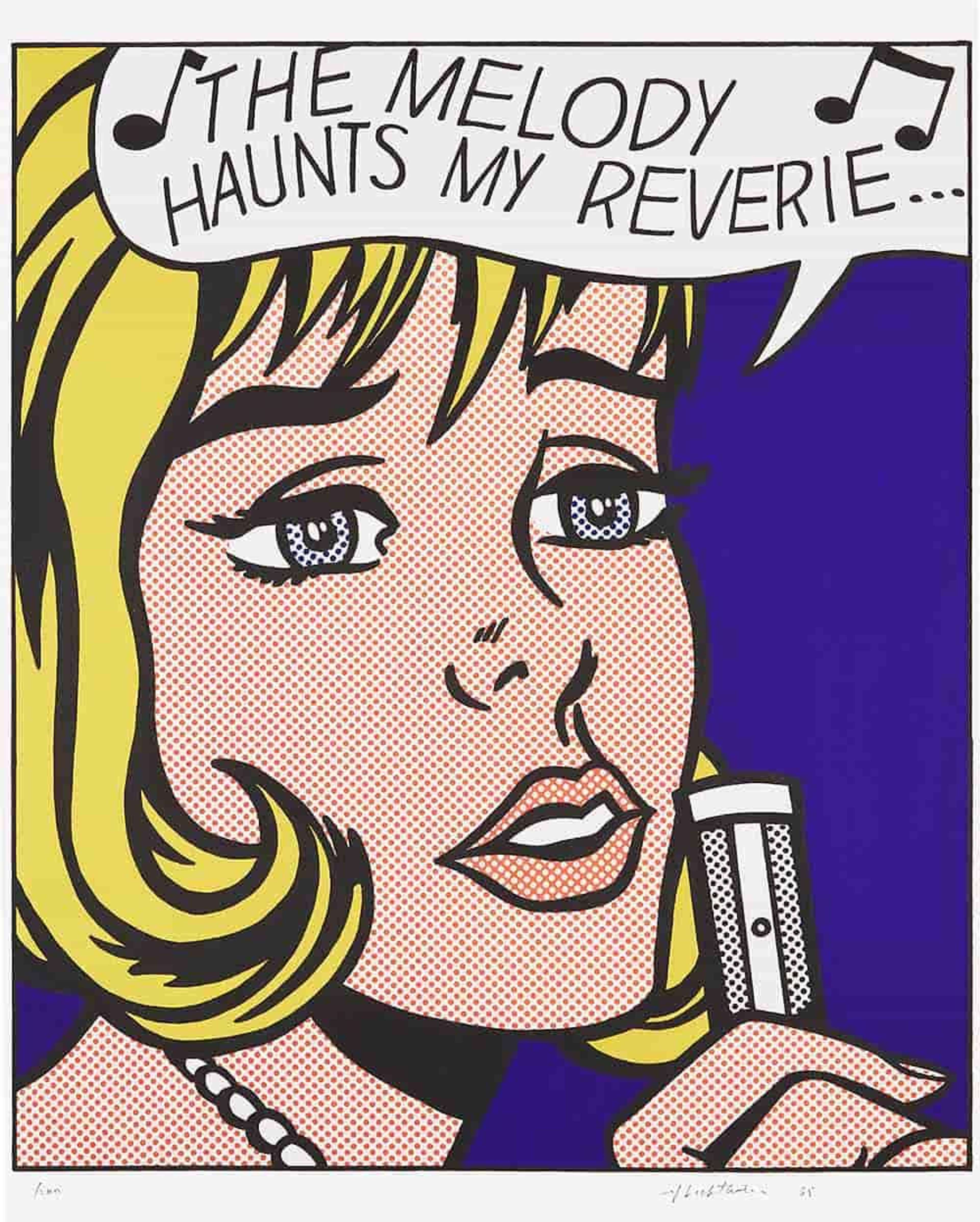 Une sérigraphie de Roy Lichtenstein, intitulée « The Melody Haunts My Reverie », représentant le gros plan d'une femme blonde aux cheveux jaunes stylisés, aux lèvres rouges, avec une larme solitaire coulant de son œil. L'œuvre présente de gras contours noirs, un tramage par points Ben-Day, et une palette limitée de jaune, rouge, noir et blanc, caractéristique du style Pop Art de Lichtenstein. Exécutée en 1965 dans le cadre du portfolio « 11 Pop Artists », cette pièce provient d'une édition limitée à 200 exemplaires, signée au crayon par l'artiste en bas à droite et numérotée en bas à gauche.