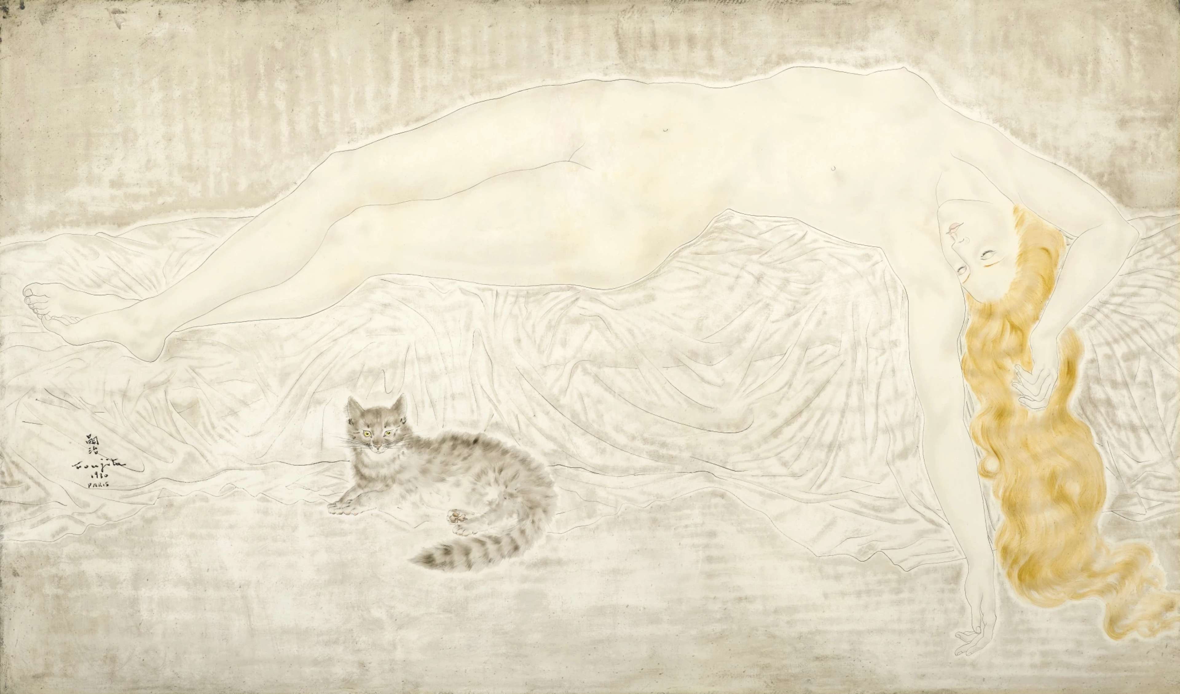 A painting of a reclining nude female figure, arms stretched behind her head, with exceptionally pale, luminous skin and soft orange-gold hair that falls down from the couch or bed she lies on. A brown tabby cat rests near the woman's legs on crumpled bedding, looking towards the viewer. The composition emphasises the elongated form of the figure contrasted with the smaller feline.