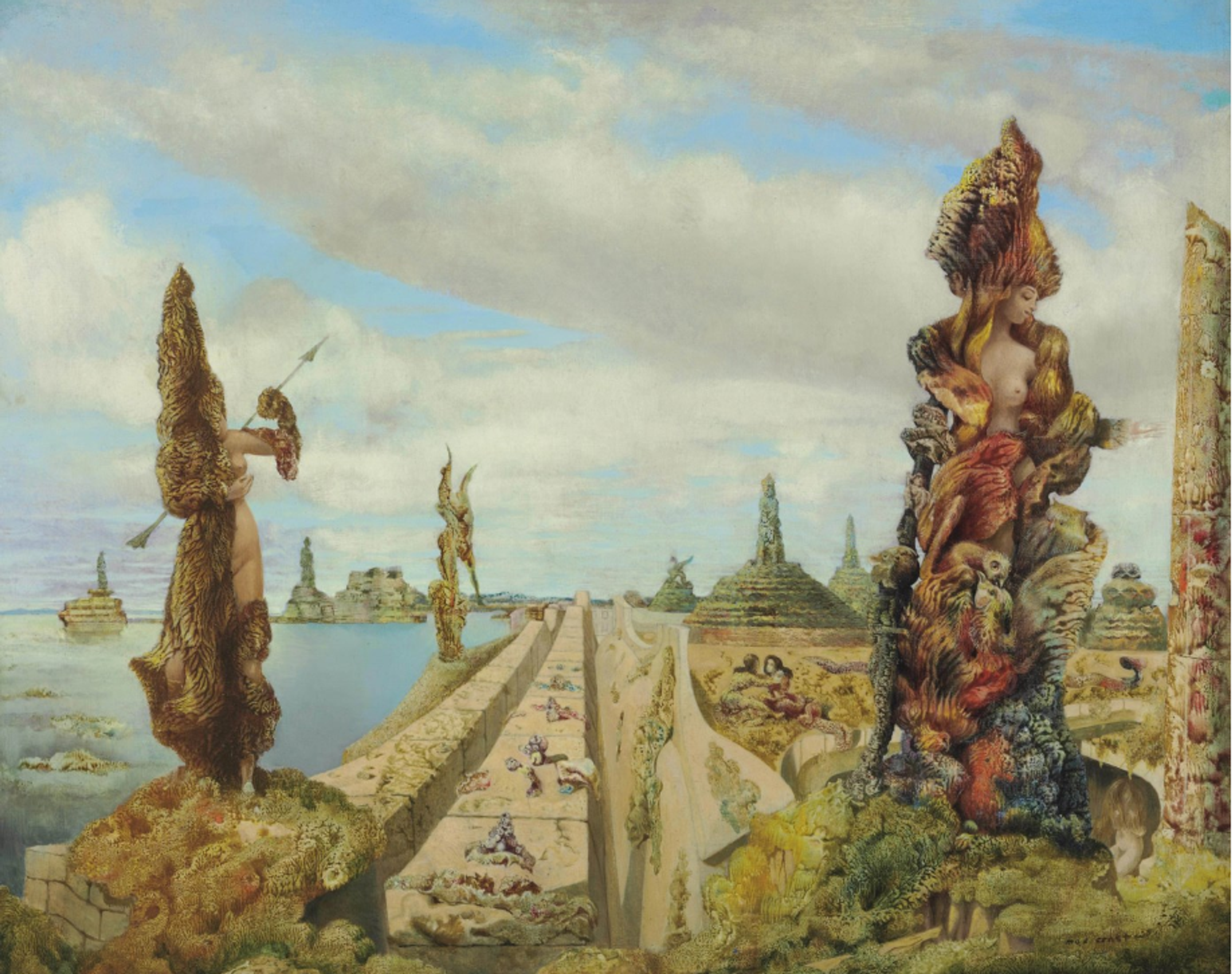 A surreal landscape painting featuring humanoid figures entwined with organic, textured forms resembling foliage and coral. The scene includes a vast sky, a body of water, and a long pathway with scattered figures, creating a dreamlike, otherworldly atmosphere.