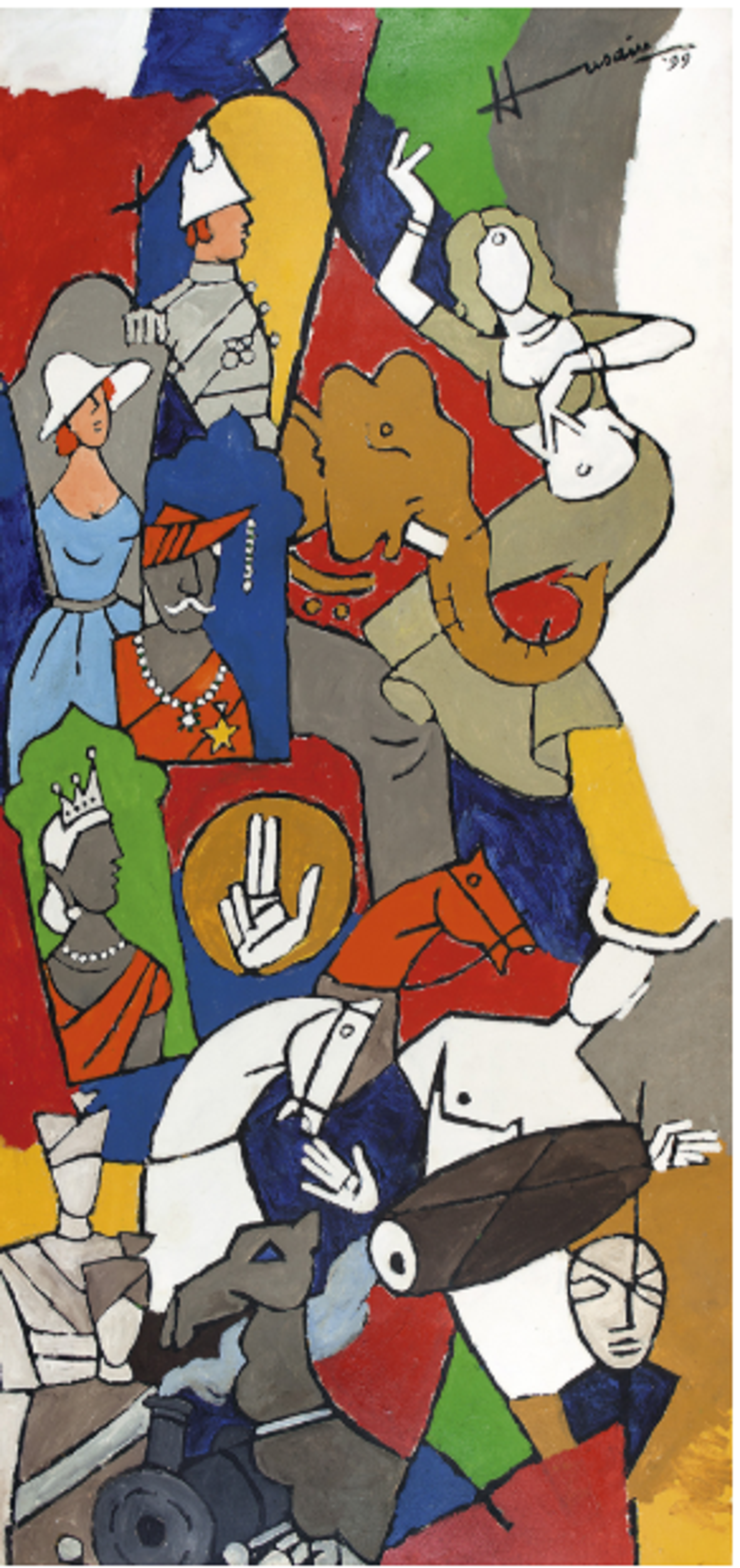 A vibrant, vertically-oriented composition depicting a colonial procession with exaggerated proportions showing towering British officials in frames above Indian subjects and animals. The painting uses a bright palette with contrasting blocks of primary colours - red, blue, yellow - arranged in a dynamic pattern. Figures are rendered in Husain's signature simplified style with bold outlines. 