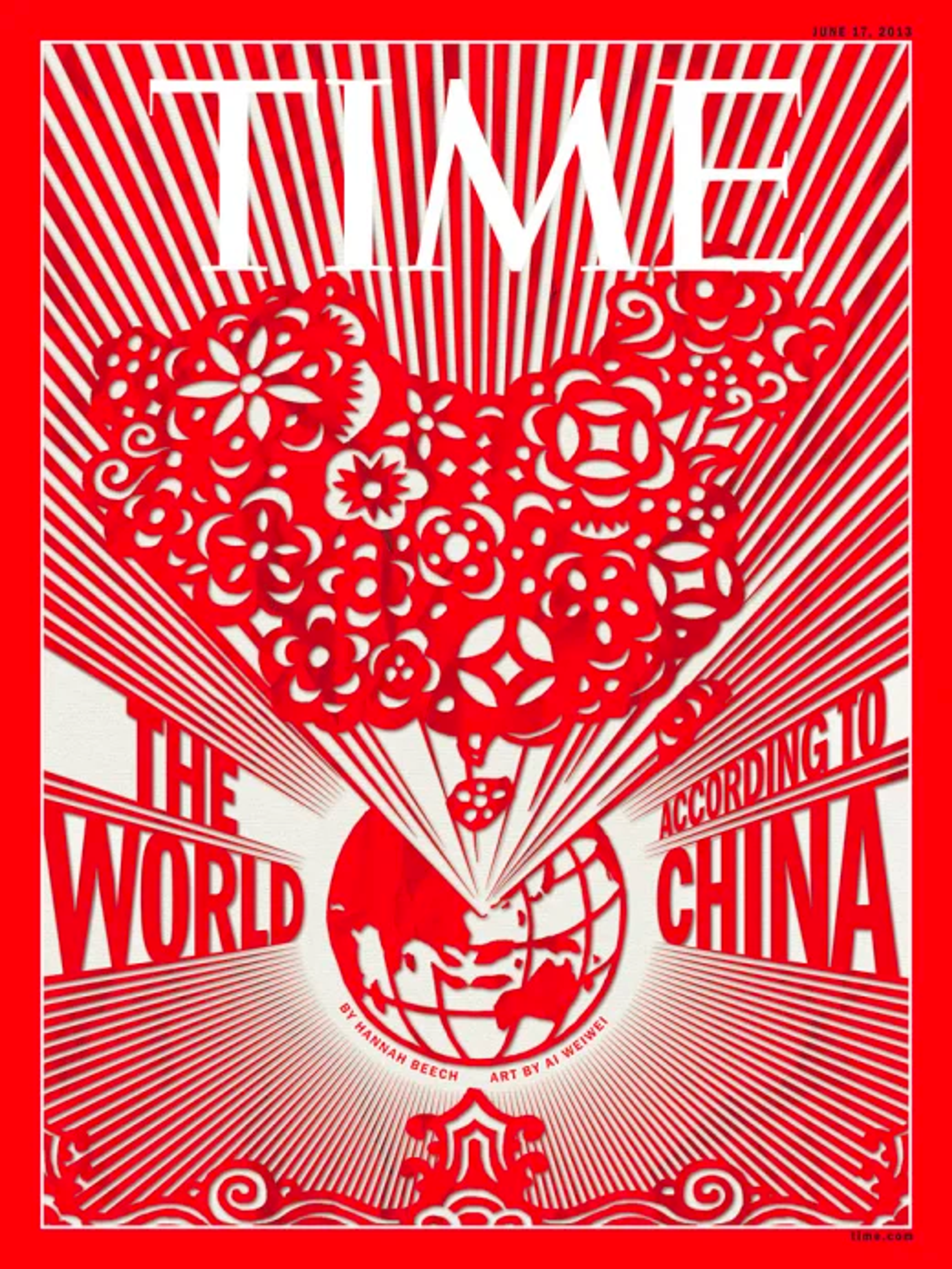 Couverture de magazine représentant le globe terrestre sur un fond rouge et blanc, avec le texte « THE WORLD ACCORDING TO CHINA ».