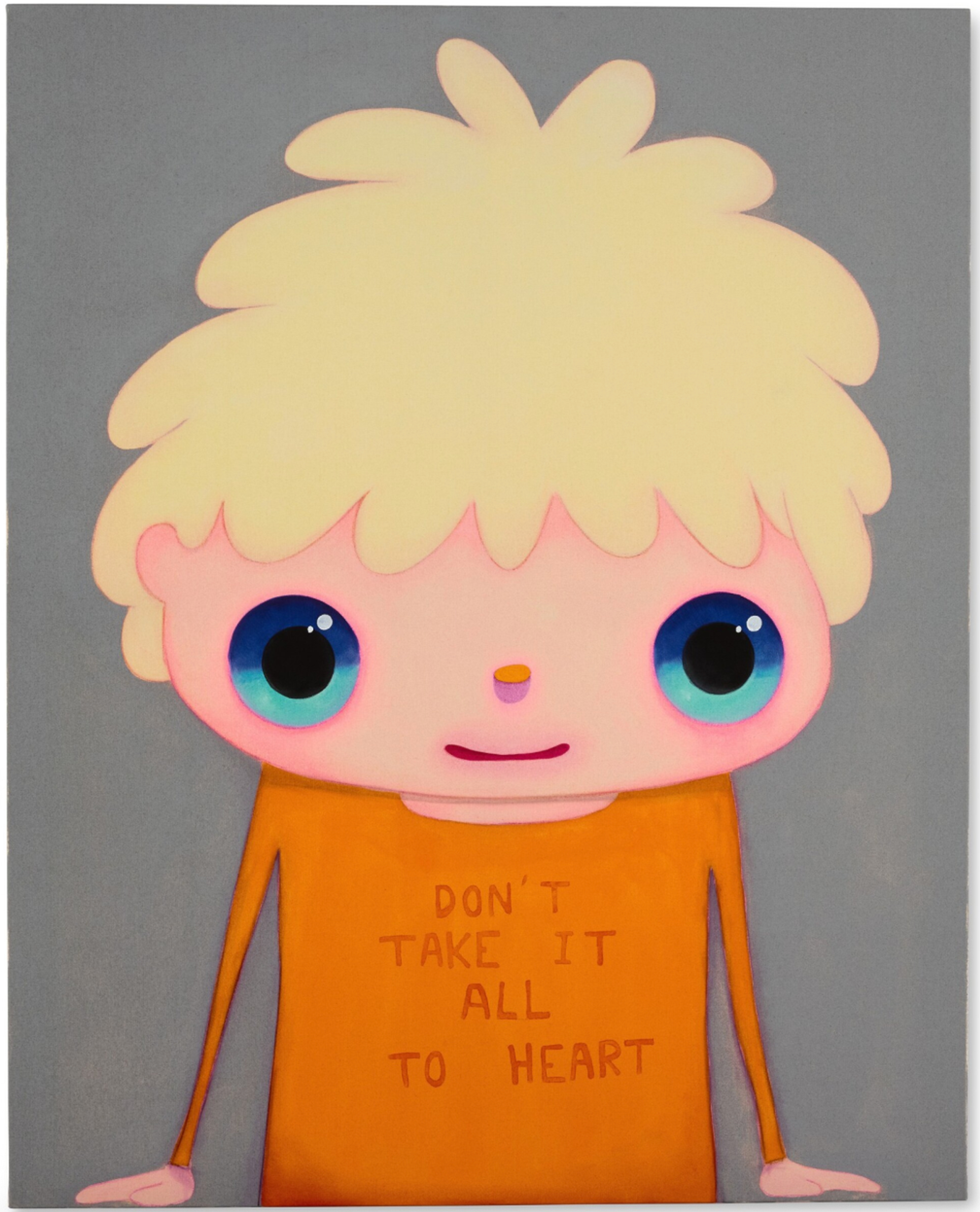 A cartoon child with fluffy blond hair and blue eyes smiles gently at the viewer, set against a grey background and wearing an orange shirt with the phrase "DON’T TAKE IT ALL TO HEART" in yellow.