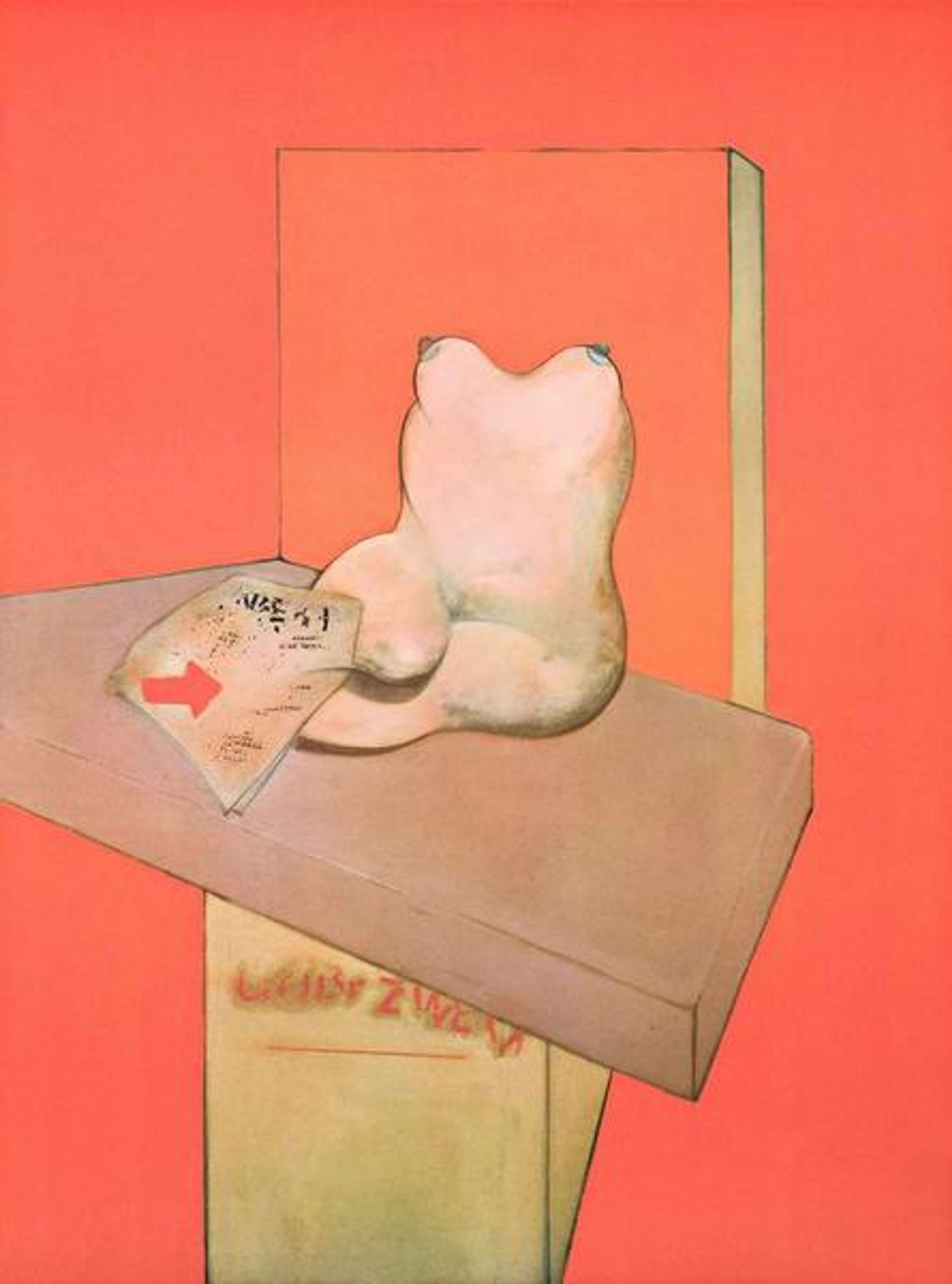 « Study Of The Human Body From A Drawing By Ingres » de Francis Bacon. Une peinture abstraite représentant un corps féminin nu et défiguré.