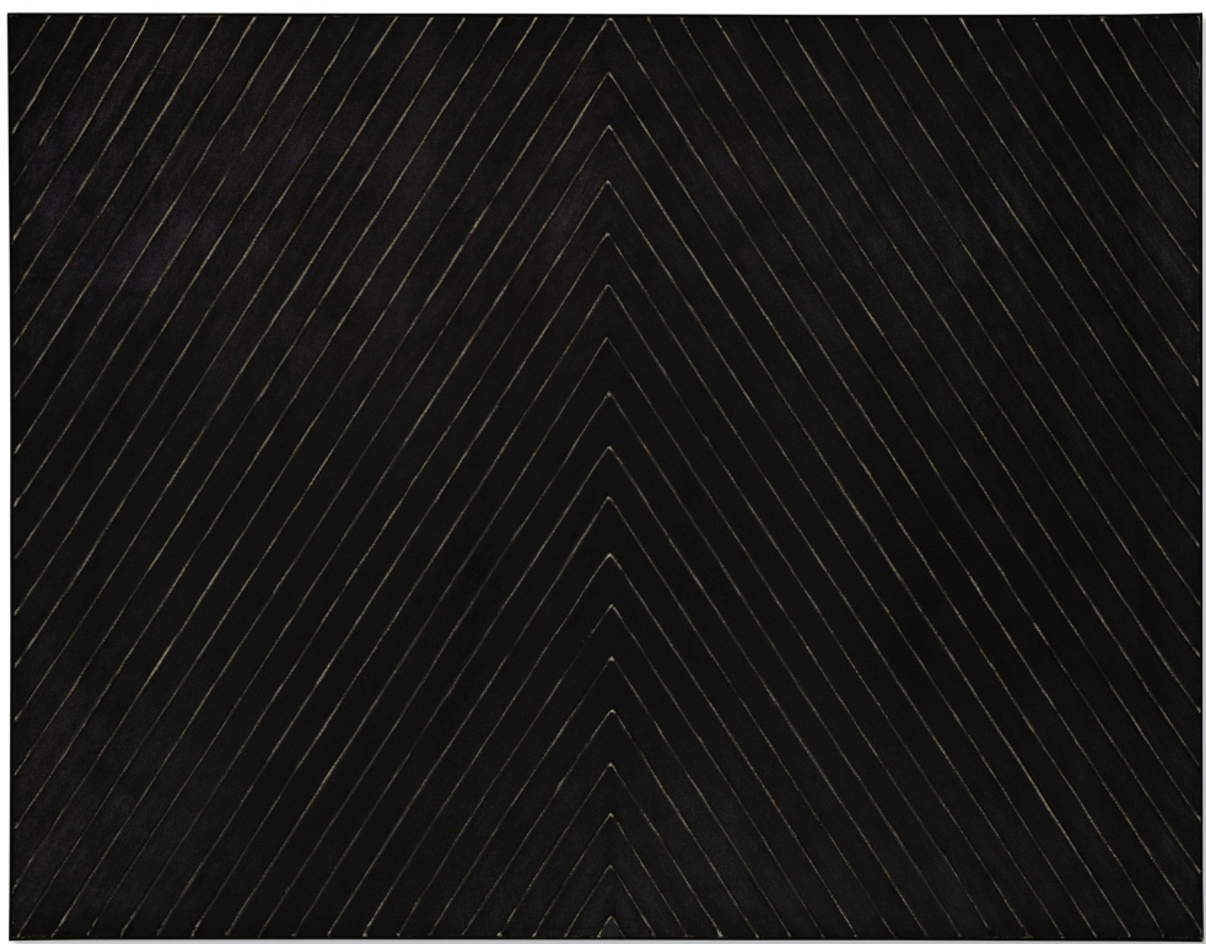 A black rectangular painting with fine white diagonal brushstrokes that meet in upside-down V shapes along the vertical centre. 