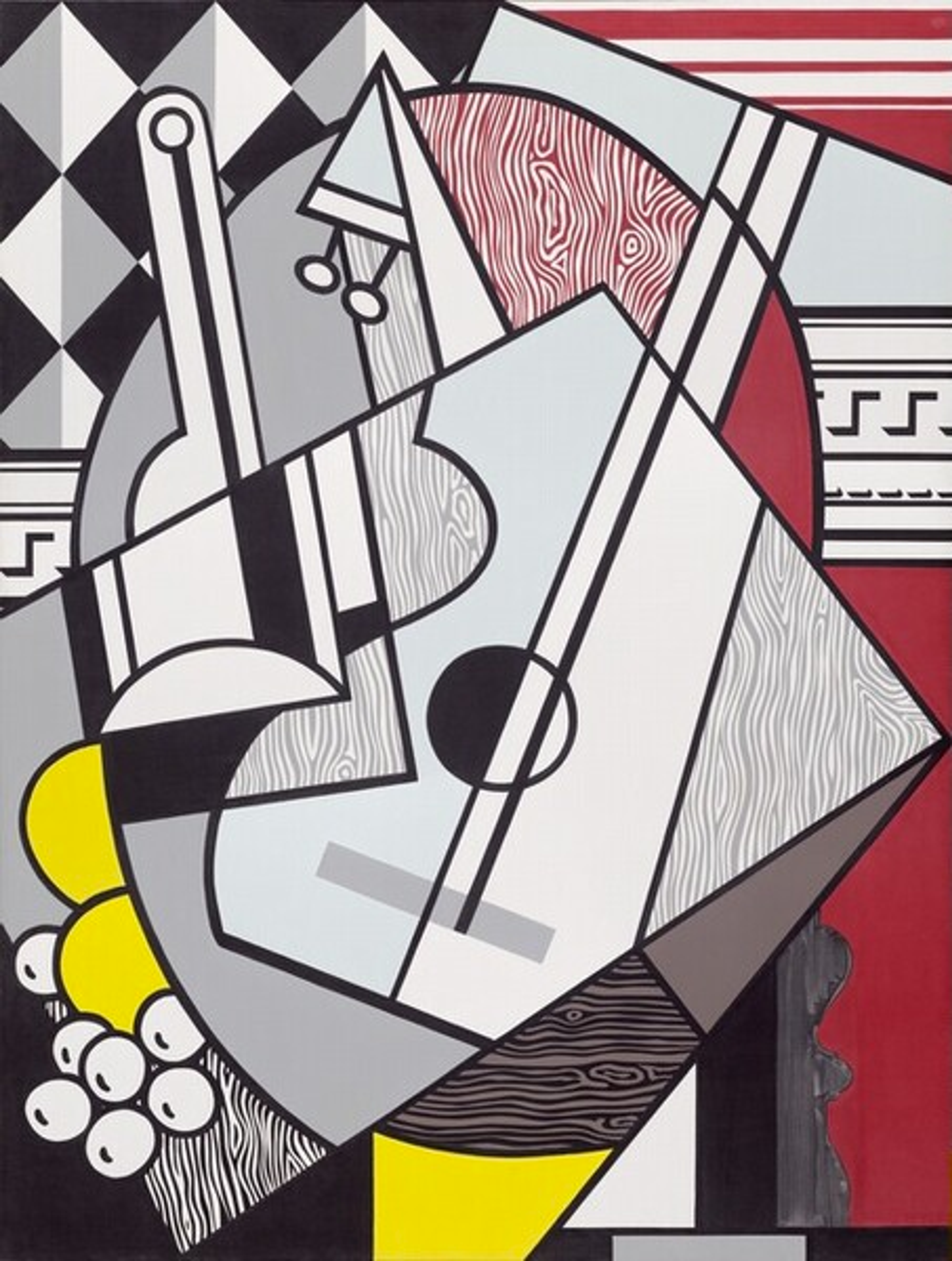 Une nature morte abstraite et cubiste de Roy Lichtenstein. Utilisant une palette de couleurs monochromes contrastant avec du jaune et du rouge, l'œuvre représente un instrument de musique et une corbeille de fruits dans une perspective fragmentée.
