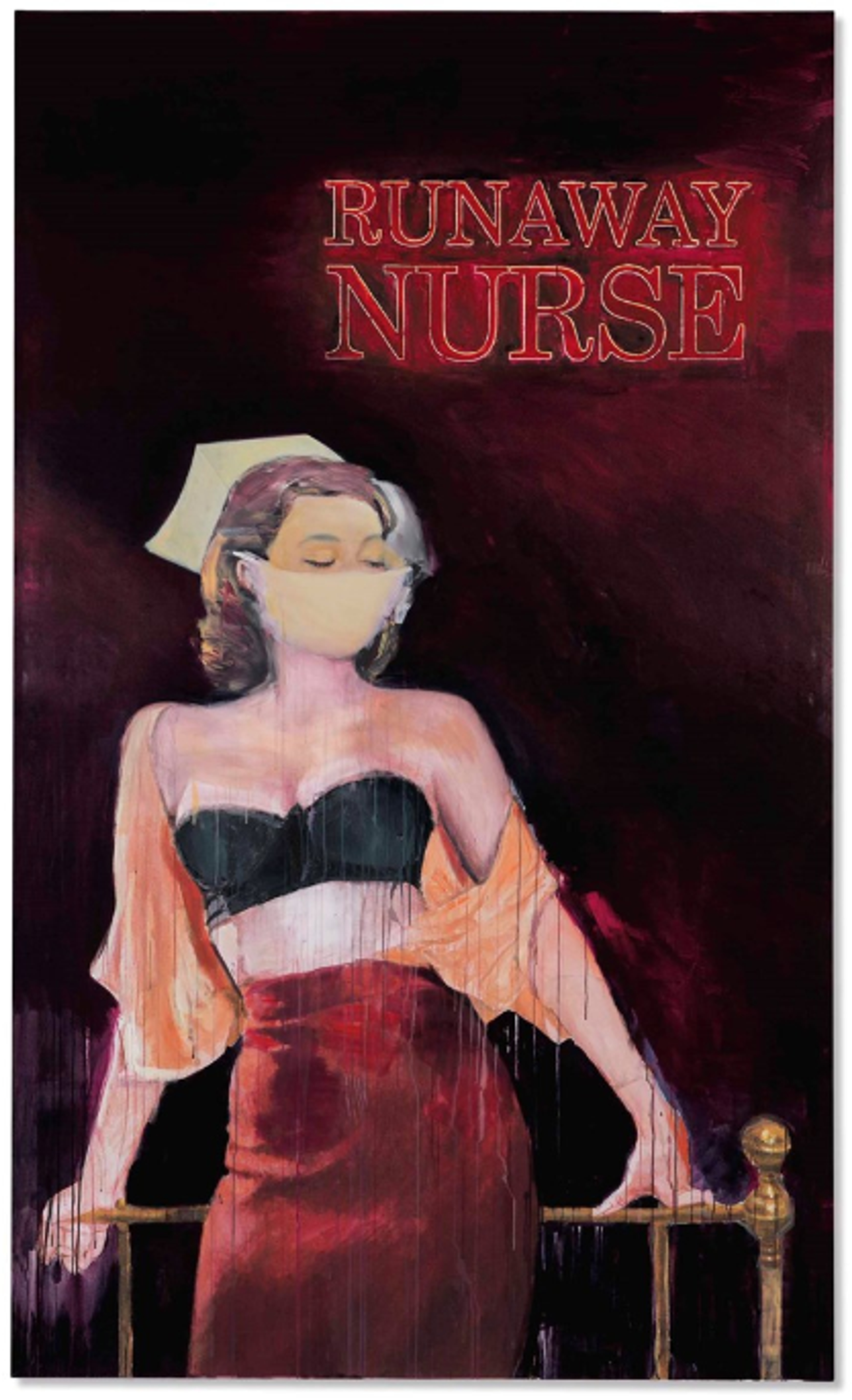 A dramatic portrait of a figure in a nurse's cap and mask, wearing a black strapless bra a fitted red satin skirt, and a loose silk shirt that is unbuttoned and falling off her shoulders. The background features deep red and dark tones creating an intense, almost theatrical atmosphere. The words “Runaway Nurse” appear in all caps in the top right.