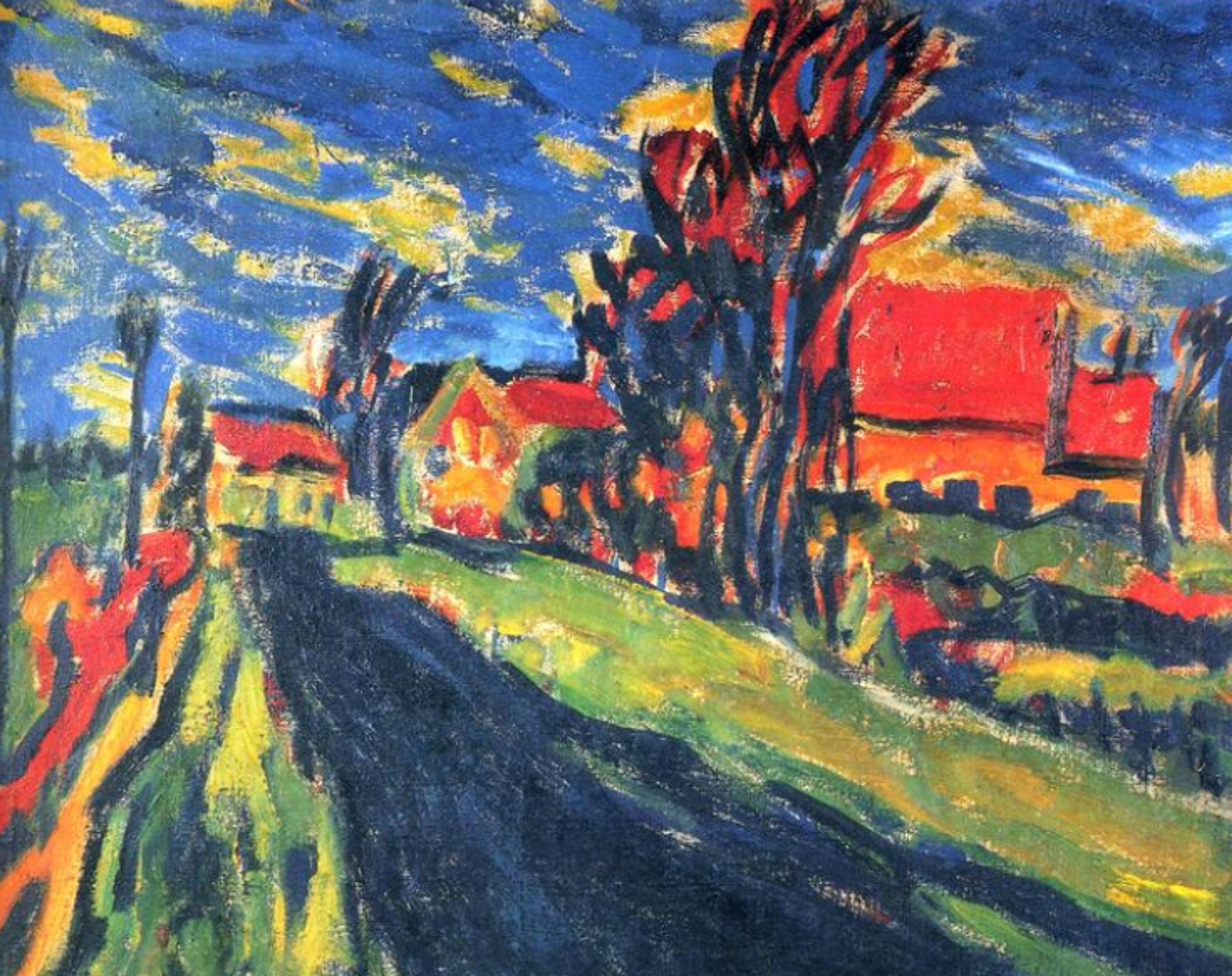 An Expressionist painting of a rural road leading past red and yellow houses, with dark trees and a dramatic blue and yellow sky. The scene is painted in bold, vibrant brushstrokes that suggest windy weather with intense colours.