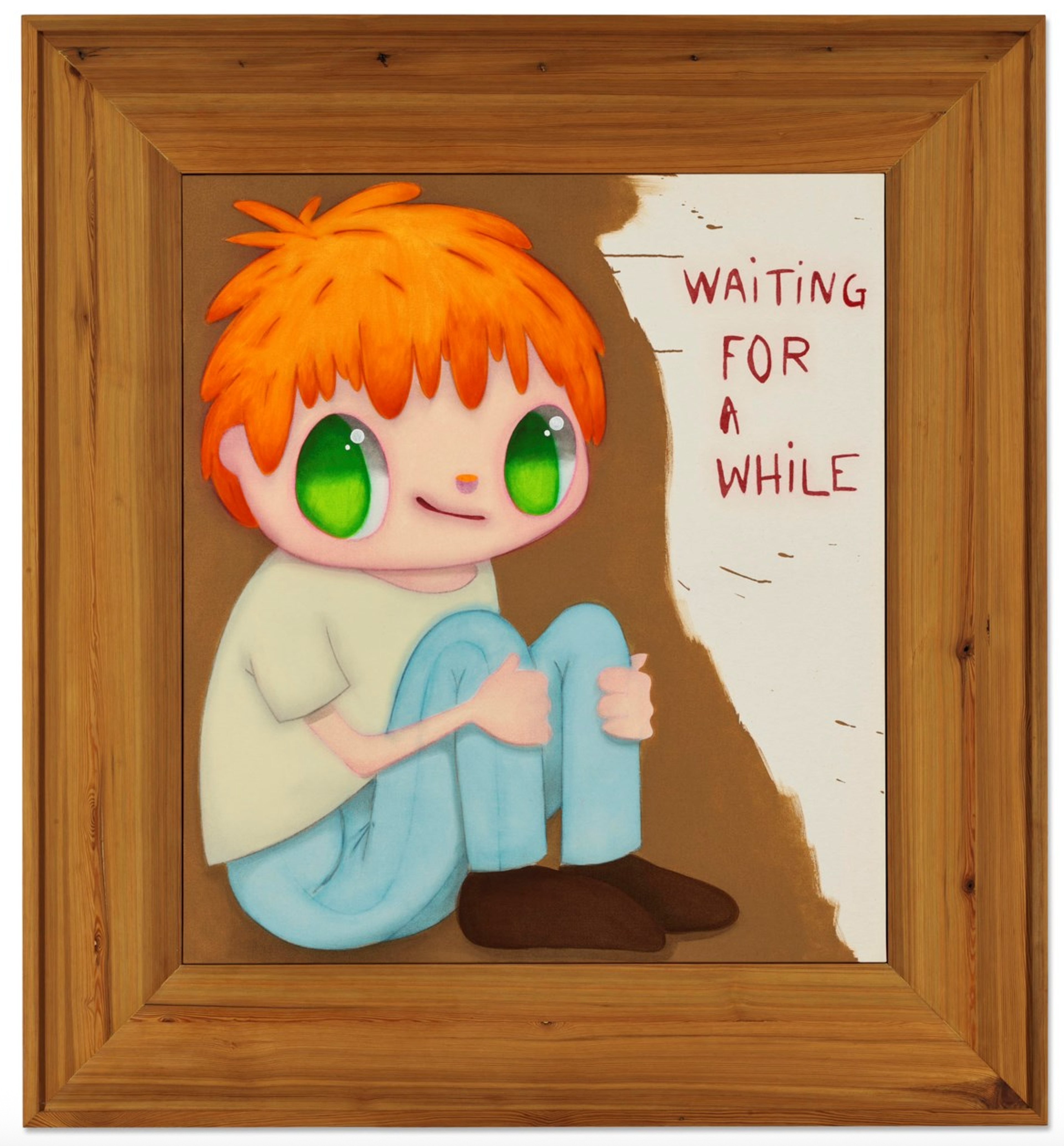 A cartoonish child with orange hair and bright green eyes sits curled up, knees hugged to chest, inside a brown trompe-l’oeil painted frame, looking outwards with a smile on his face. The background is beige, with a section of exposed white canvas on the right side revealing the words "WAITING FOR A WHILE."