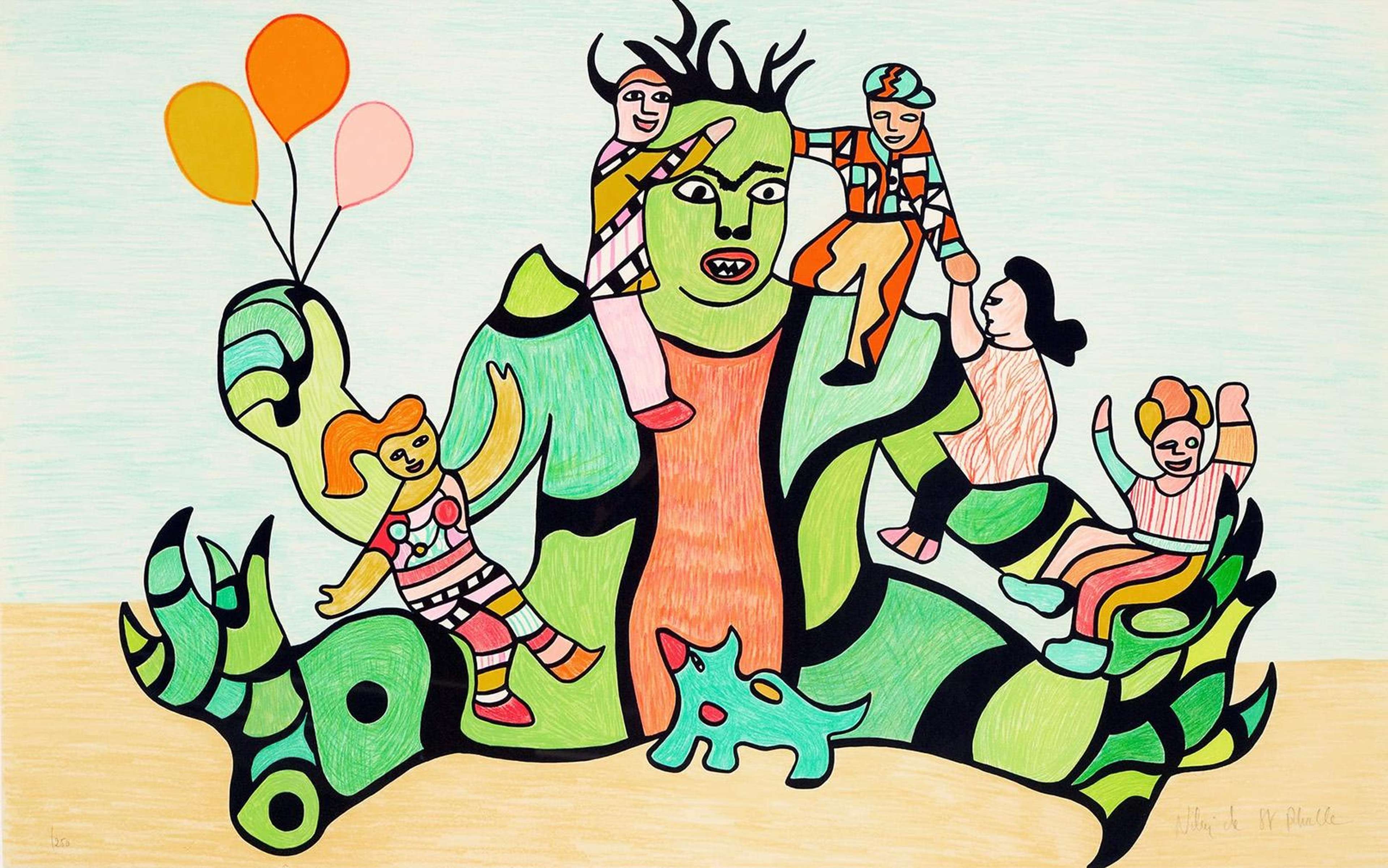 Une estampe lithographique représentant un géant vert central, avec des pointes sur les épaules et de longs orteils courbés, tenant trois ballons dans sa main droite. Cinq enfants grimpent sur ses bras et ses jambes, souriants. Devant le géant se trouve un animal bleu plus petit.