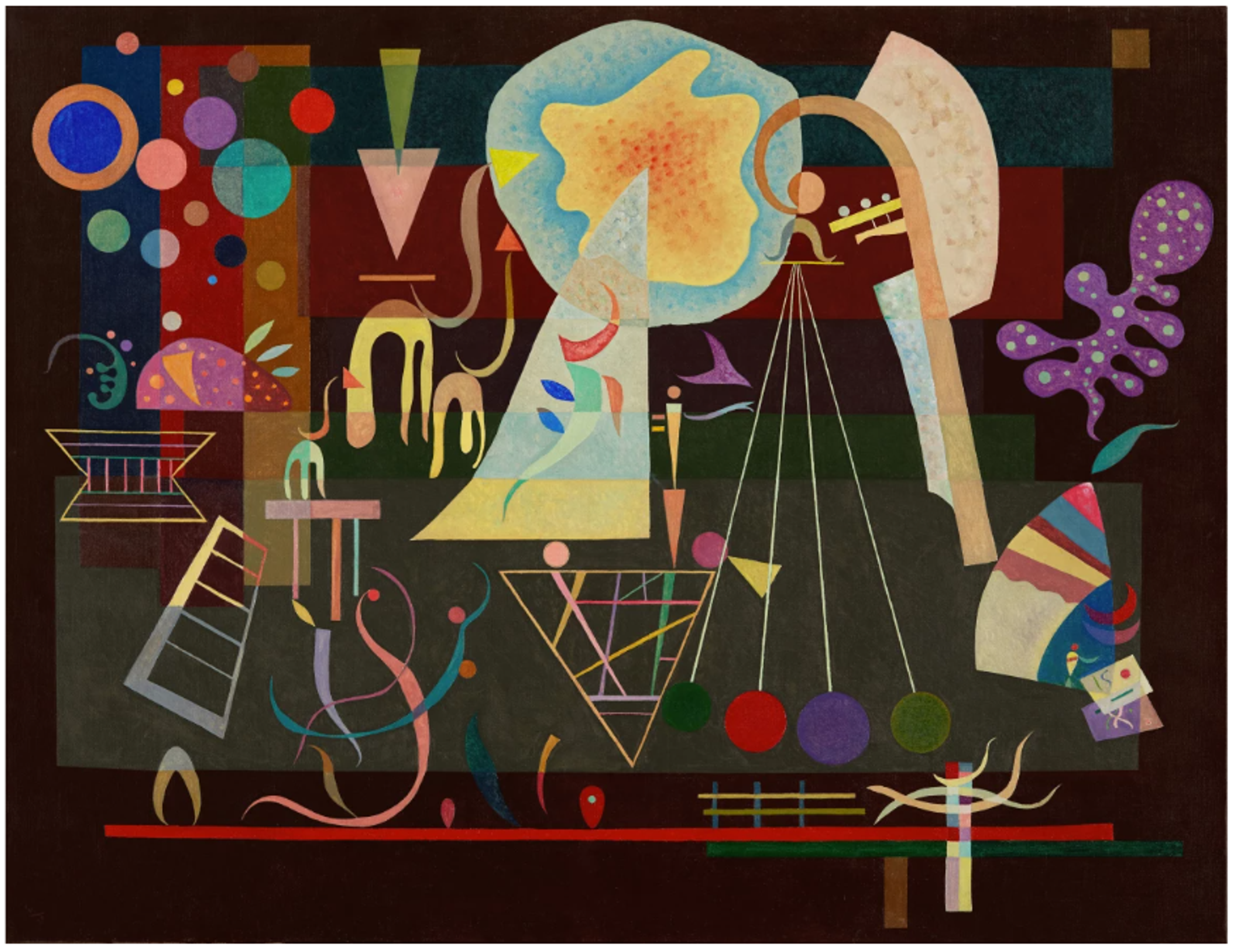 An abstract composition on a dark background featuring geometric and organic elements in contrasting colours. A large yellow-white circular form dominates the upper right, with lines and curves, smaller circles in various colours, and abstract shapes arranged across the canvas, each given its own space or very precisely overlapping.