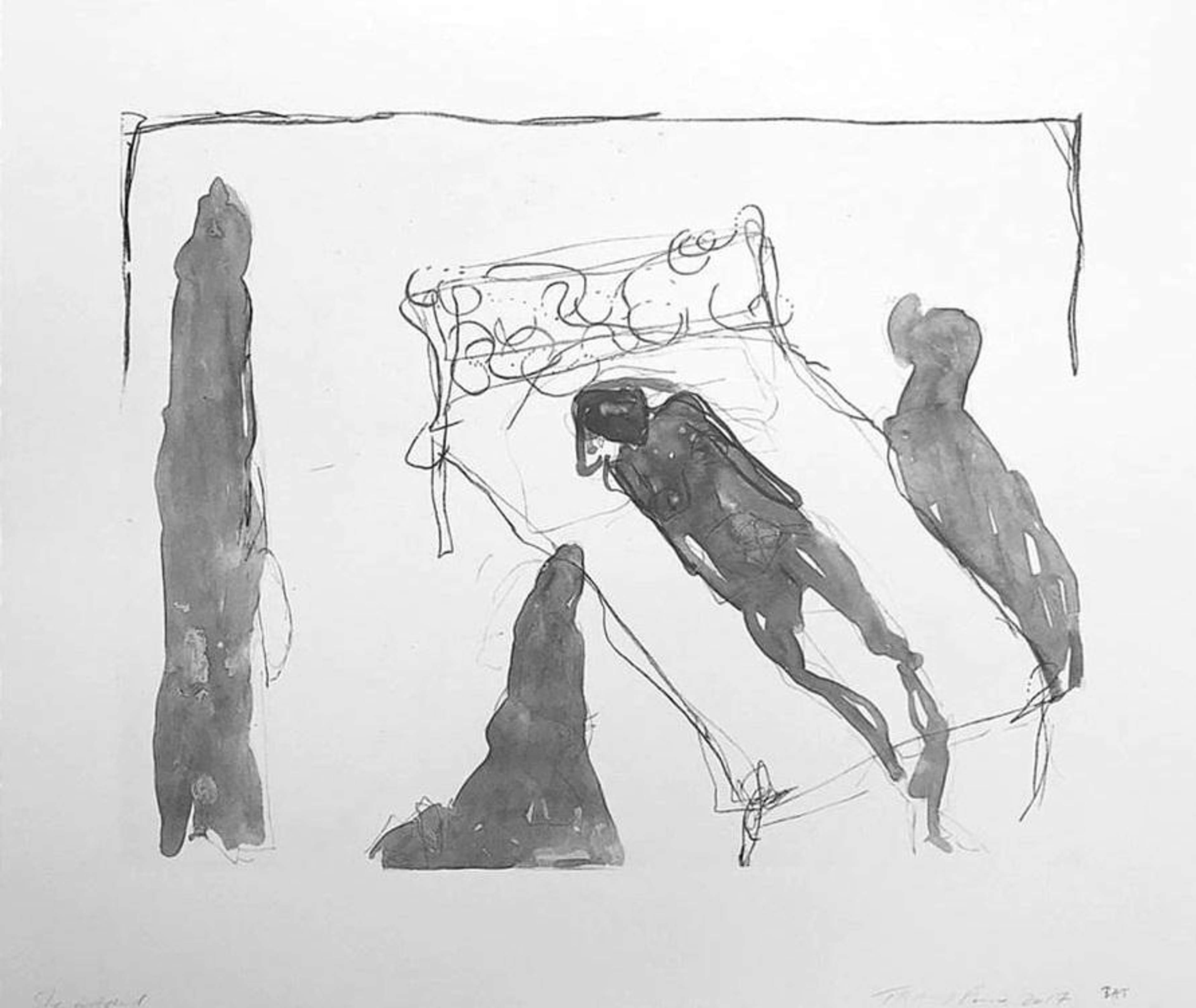 Estampe de Tracey Emin, « She Watched ». Un tirage représentant l'ombre du corps d'une femme allongée dans un lit, entourée de trois autres ombres.