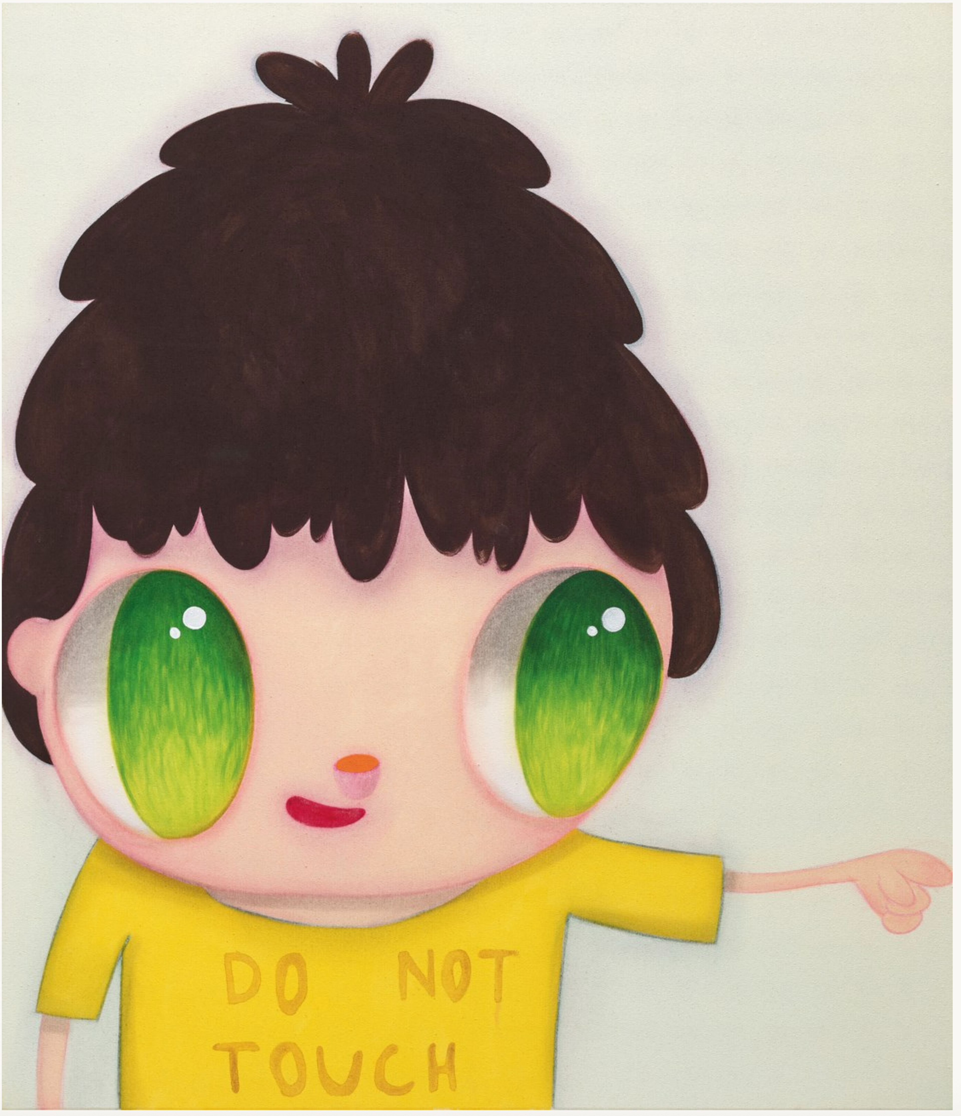 A cartoonish child with big green eyes and tousled dark hair, set against a pale background, extends one arm to the side, pointing. The character wears a yellow shirt with the phrase "DO NOT TOUCH" in orange letters.