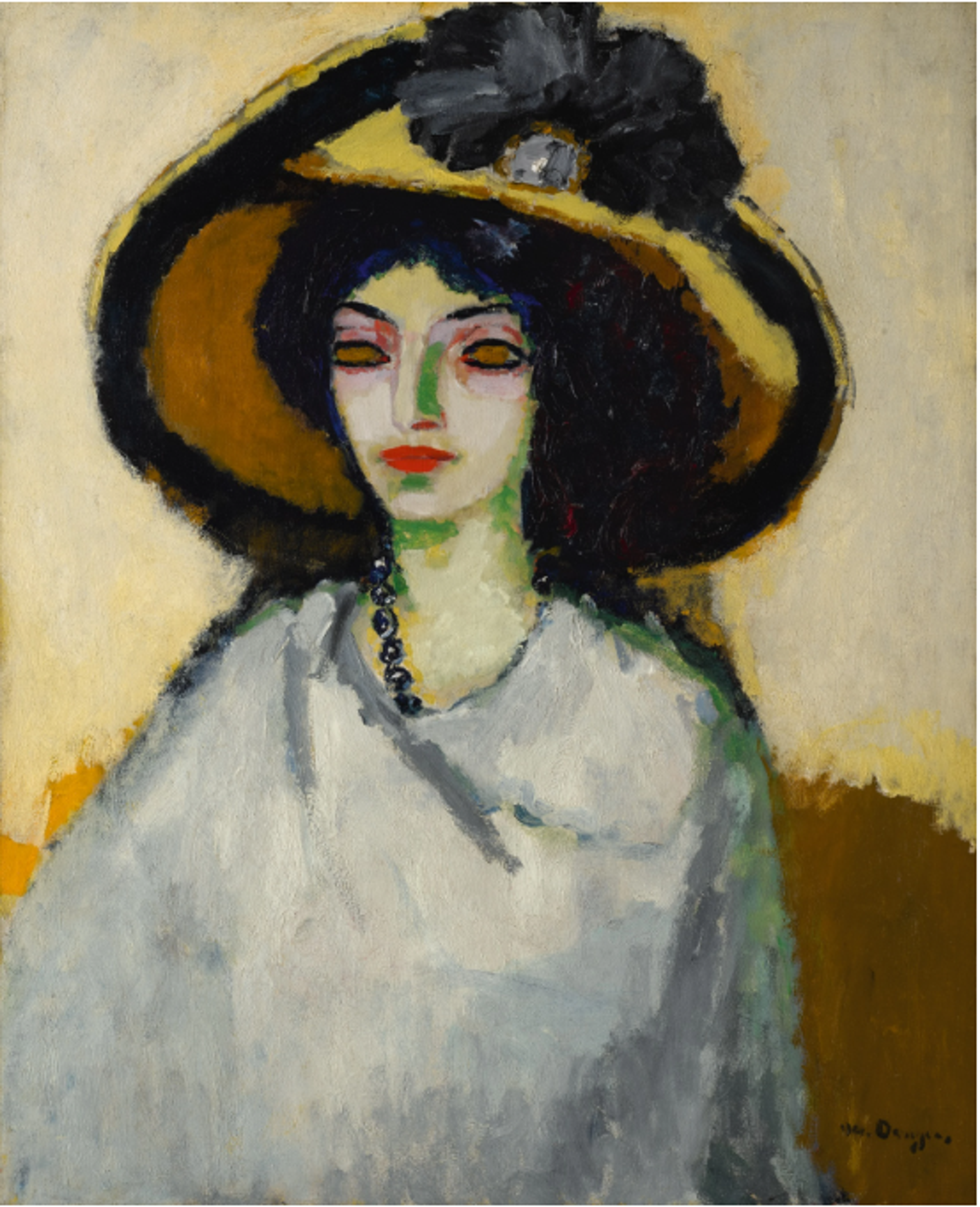 A woman wearing an oversized decorated hat, painted in a simplified style with bold outlines. She wears a white shawl over her shoulders. Her face is defined by thick, colourful outlines in black, green, and lilac, though her eyes are an empty brown. 